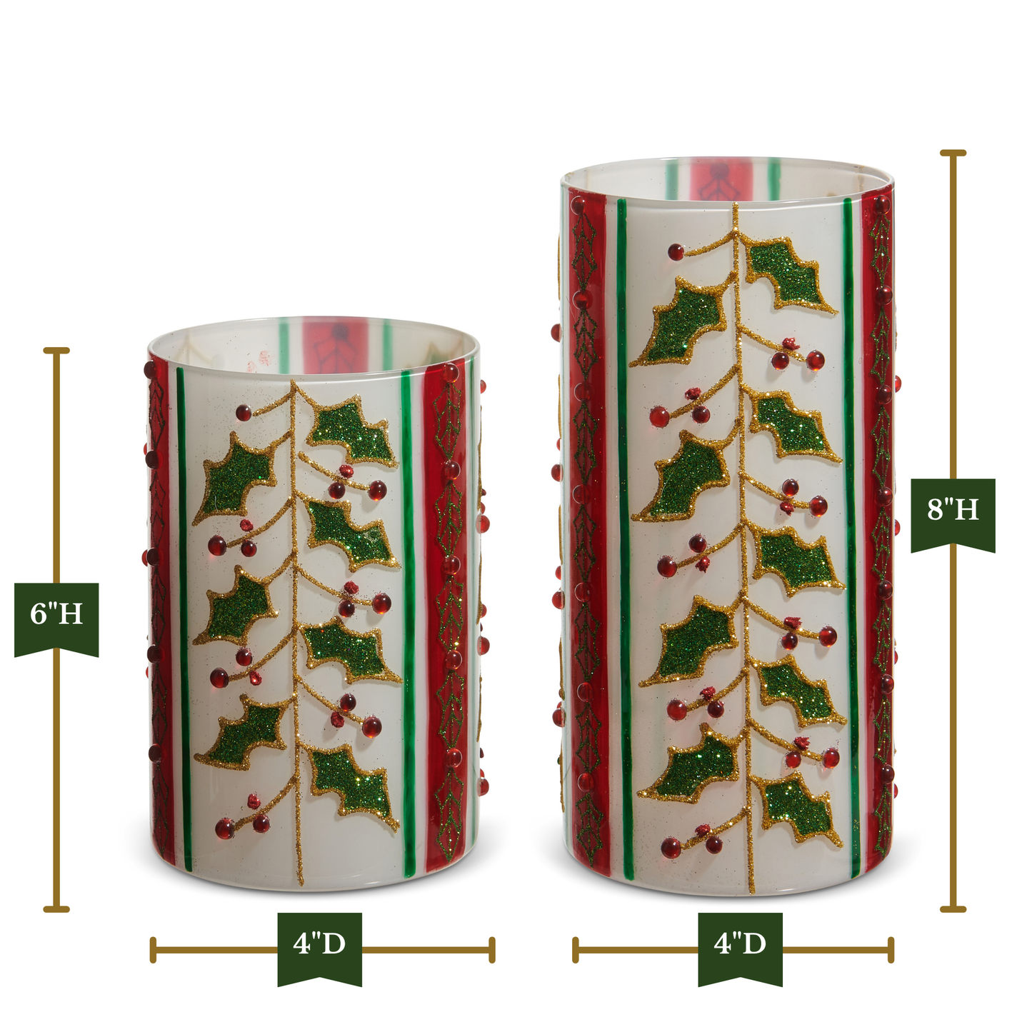 RAZ Imports 8" and 6" Red and Green Holly Berry Striped Traditional Glass Christmas Hurricanes, Set of 2