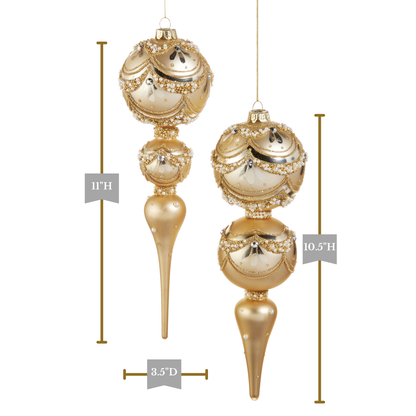 RAZ Imports 11" Golden Pearl Trimmed Finial Glass Christmas Ornaments - Set of 2