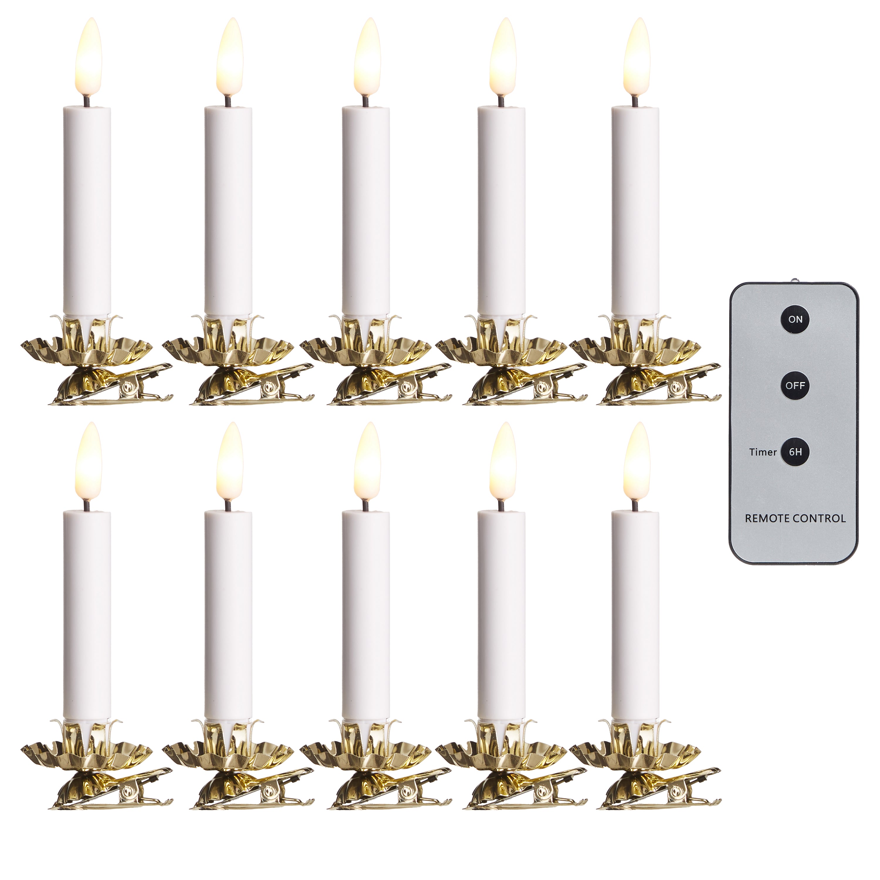 A set of 10 clip-on lighted candles with a gold color finish, each attached to a Christmas tree ornament, with a remote control for the lights.