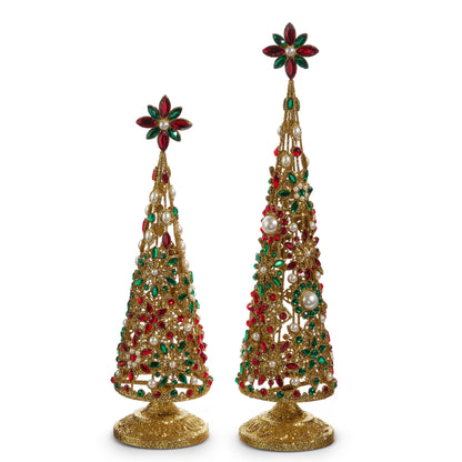 RAZ Imports 19" and 16" Pearl Jeweled Christmas Trees with Gold Glitter Christmas Decoration - Set of 2