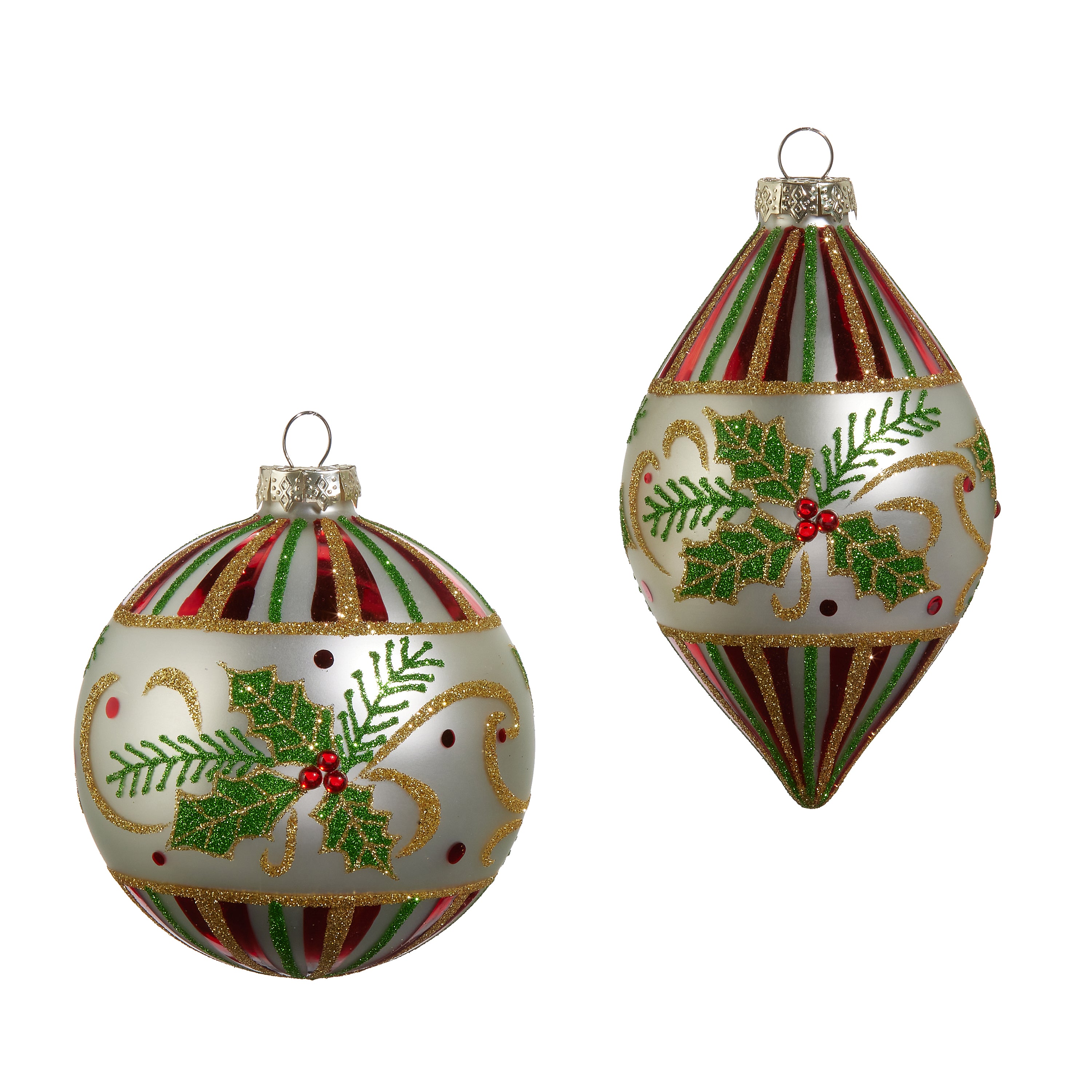 RAZ Imports 4" Holly Leaf Ball and Finial Drop Glass Holiday Christmas Ornaments, Set of 2