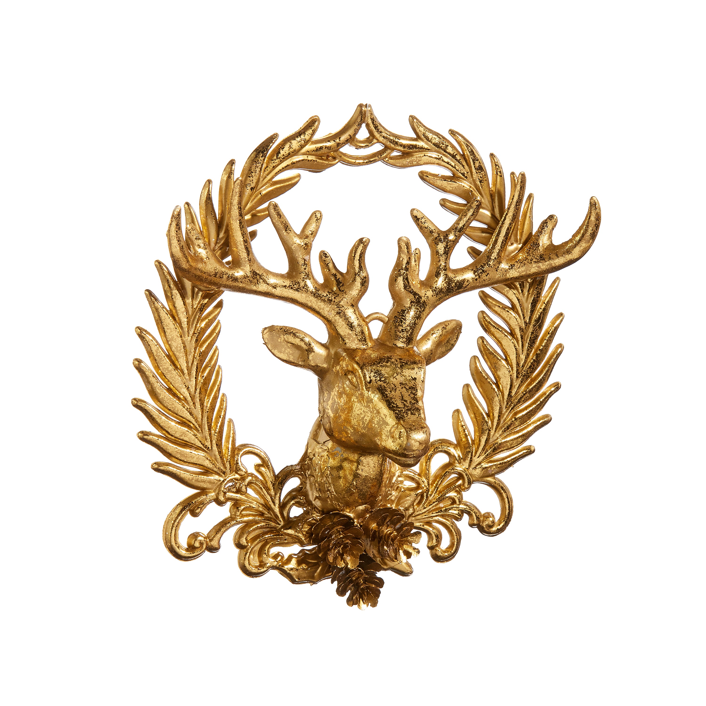 A gold-colored plastic ornament shaped as a deer with a wreath emblem design.