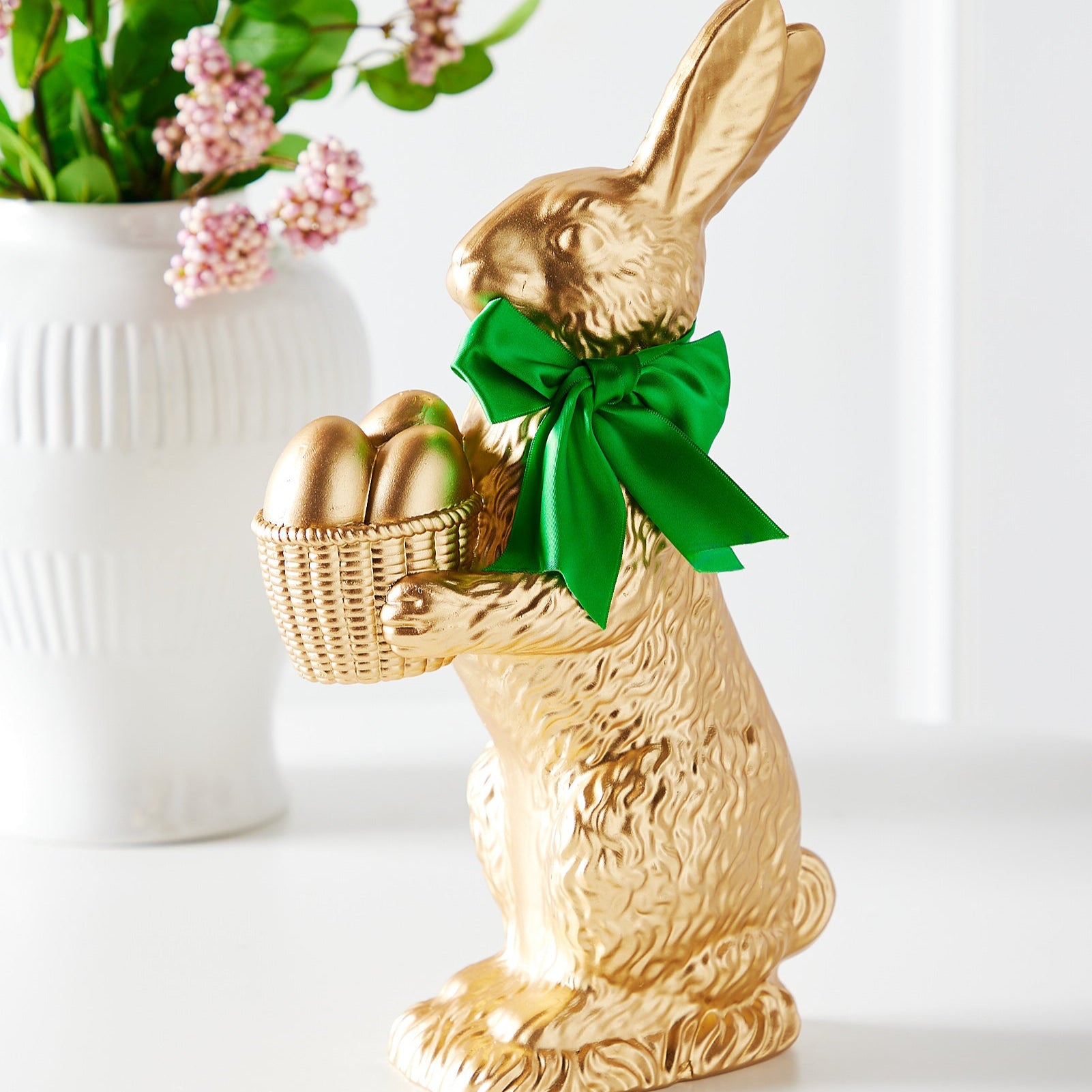 RAZ Imports 14" Spring Renewal Gold Resin Easter Bunny Rabbit with Egg Basket