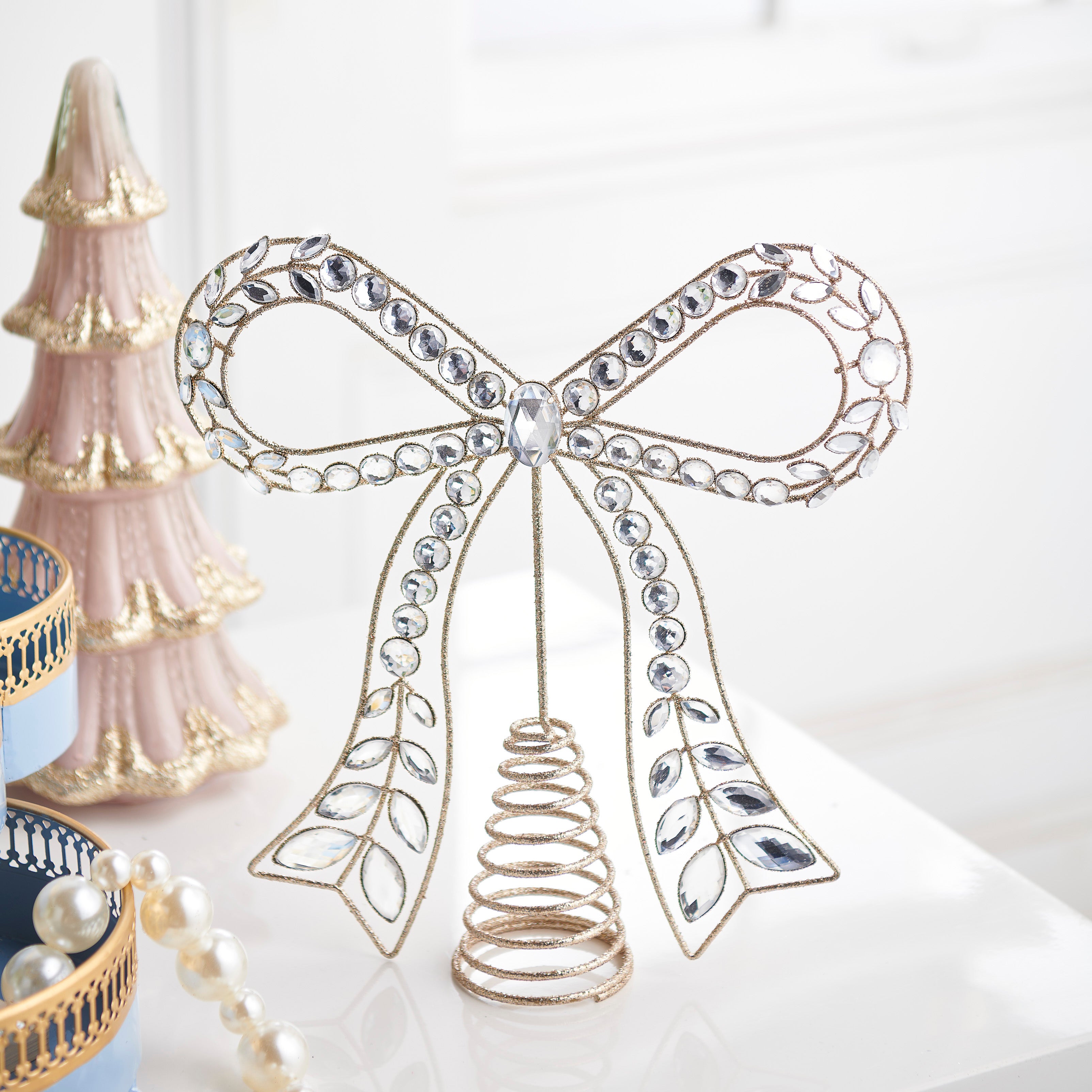 RAZ Imports 10.5" Jeweled Gold Glitter Bow Christmas Tree Topper