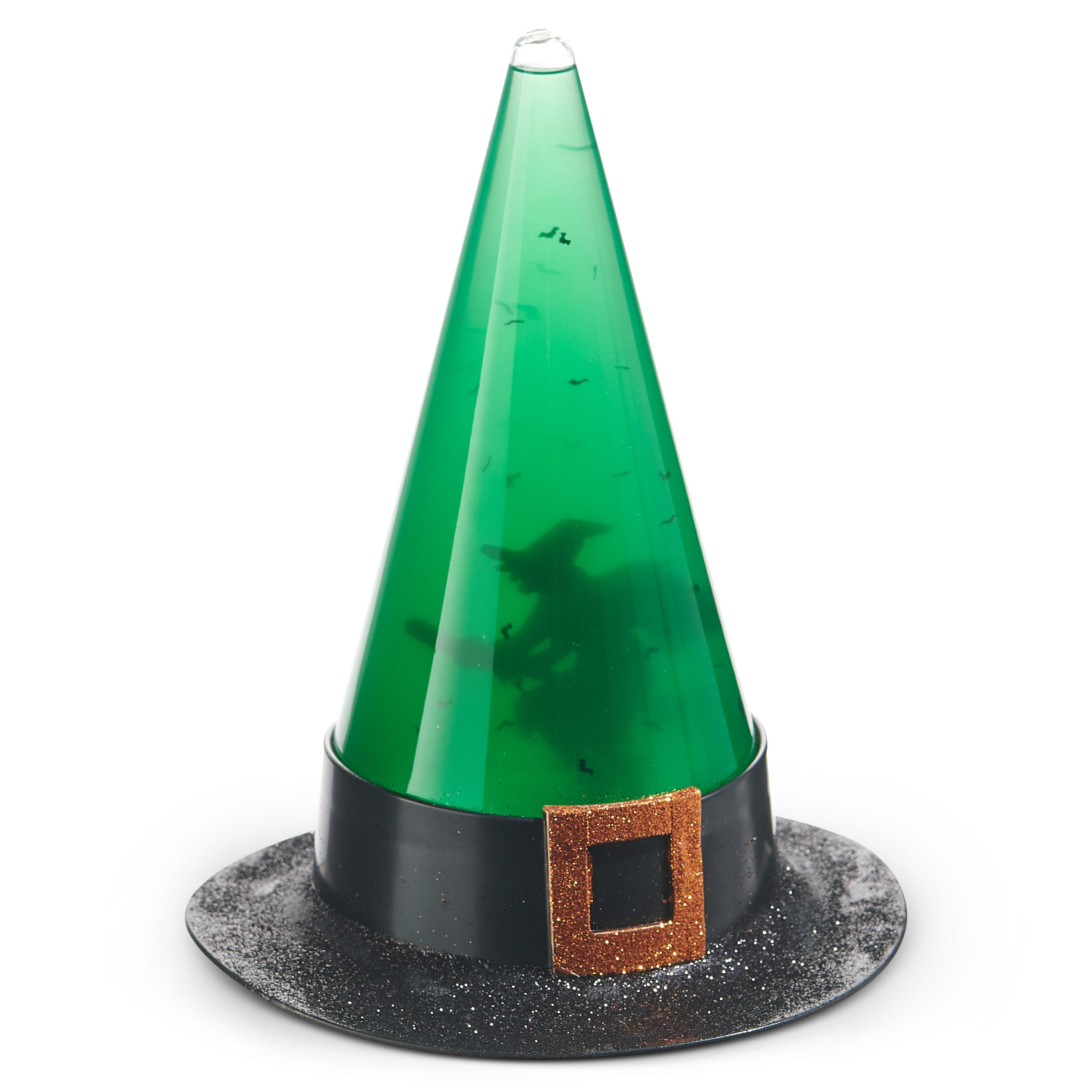 Green witch hat with black base and brown buckle on a white background