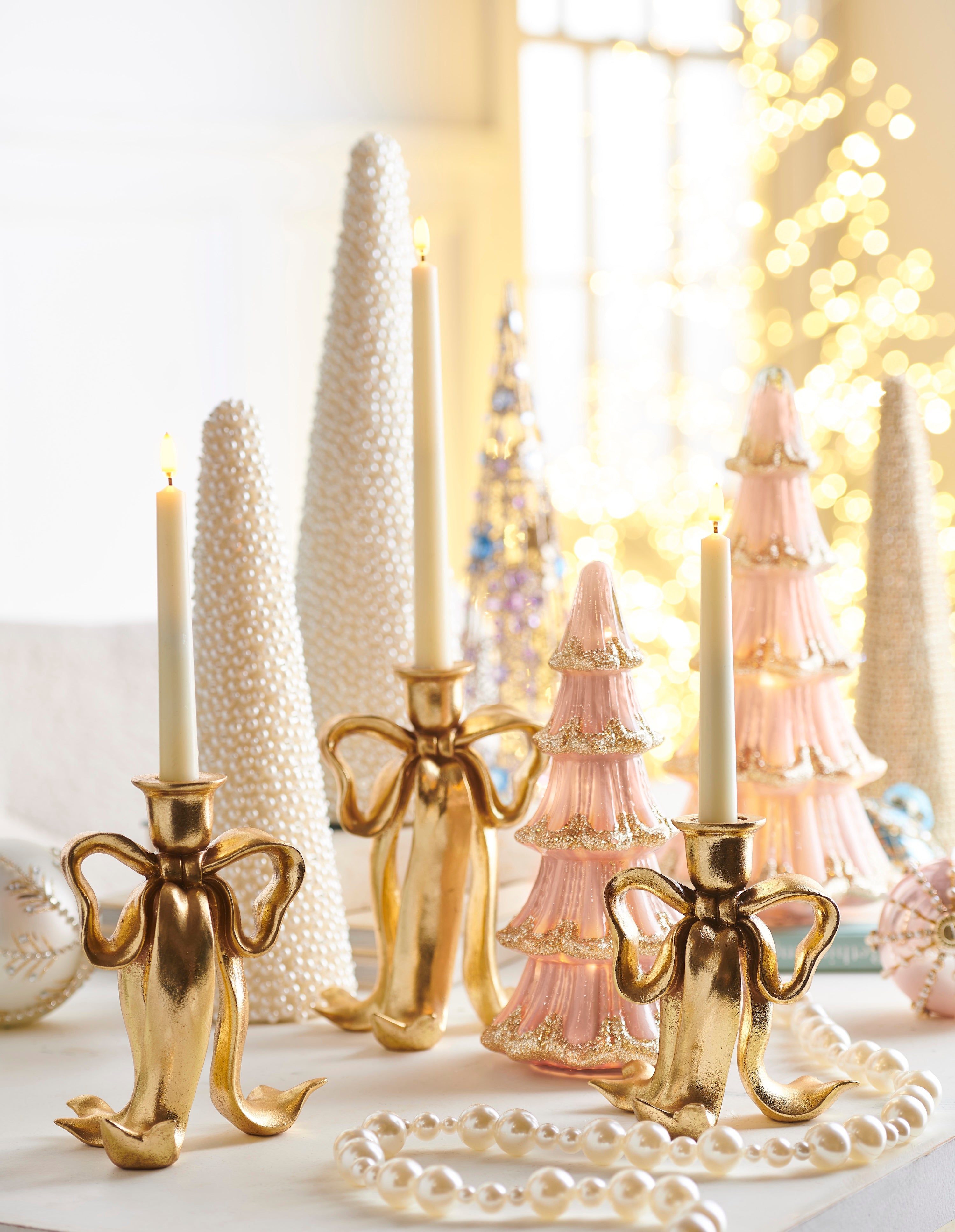 RAZ Imports 9" Golden Bow Candlestick Holders Christmas Decoration, Set of 3