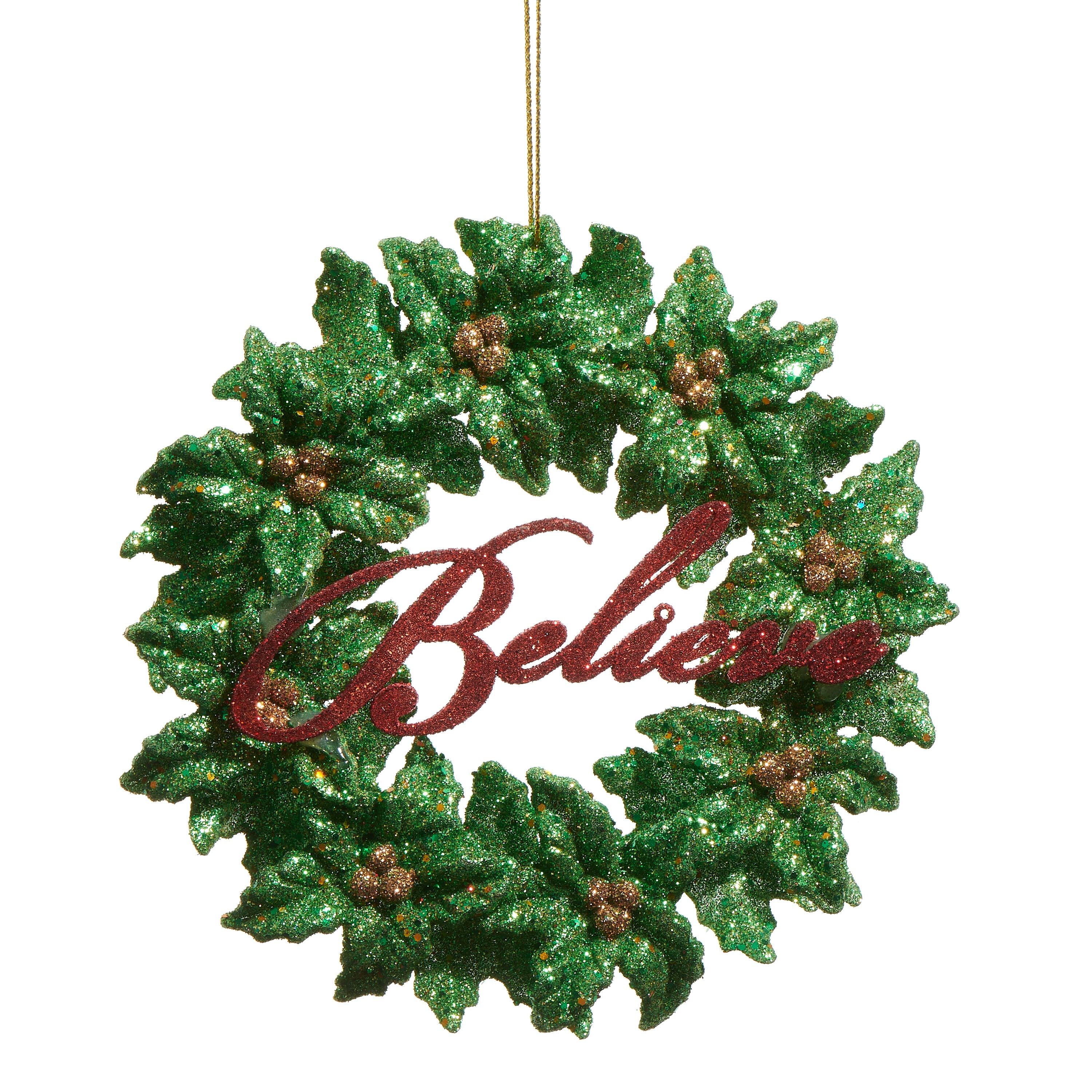 A 5-inch glittered green Christmas wreath ornament with the word 'Believe' in red letters, adorned with holly berries and sparkling glitter.