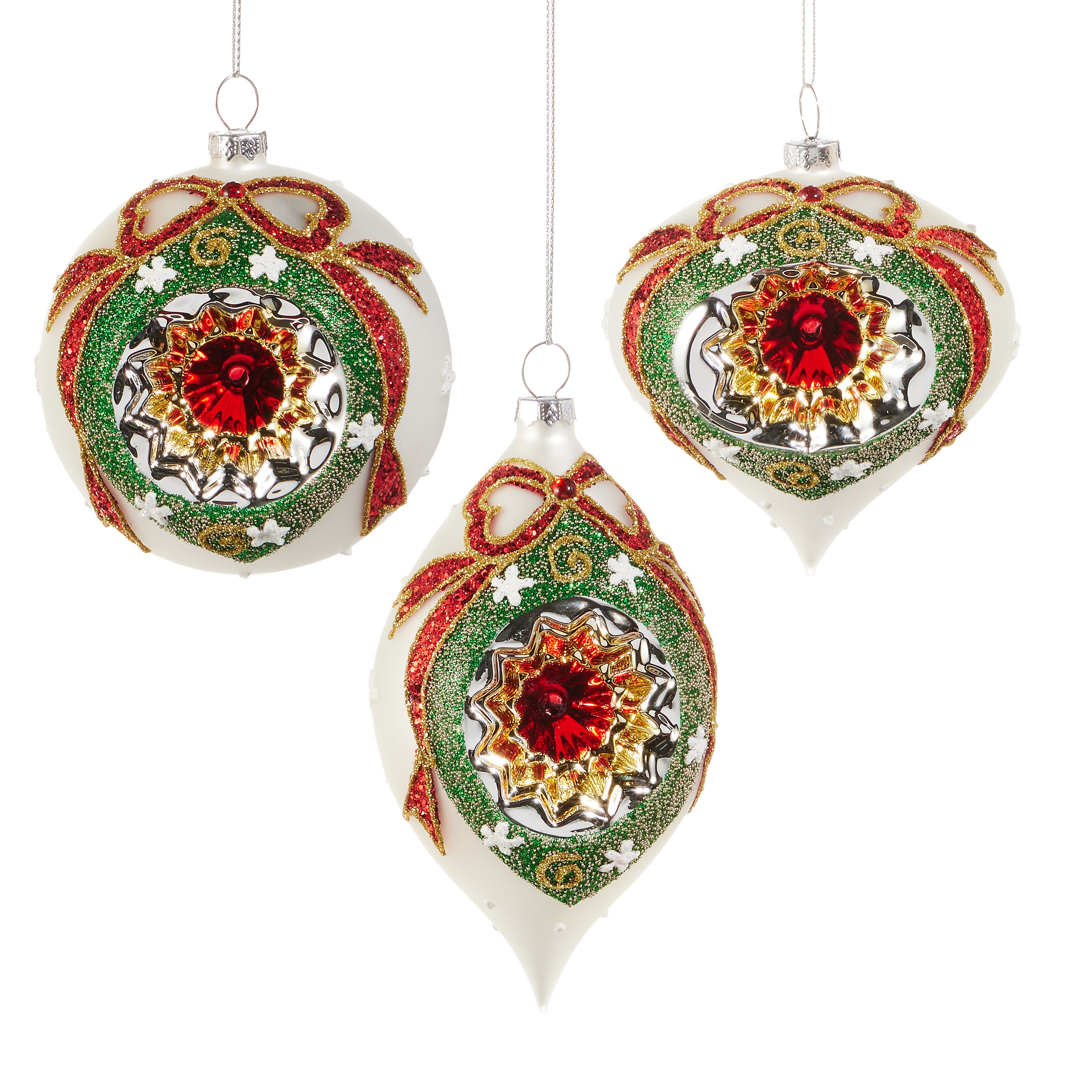 RAZ Imports 3.5" Vintage Wreath with Bow Retro Glass Christmas Ornaments, Set of 3