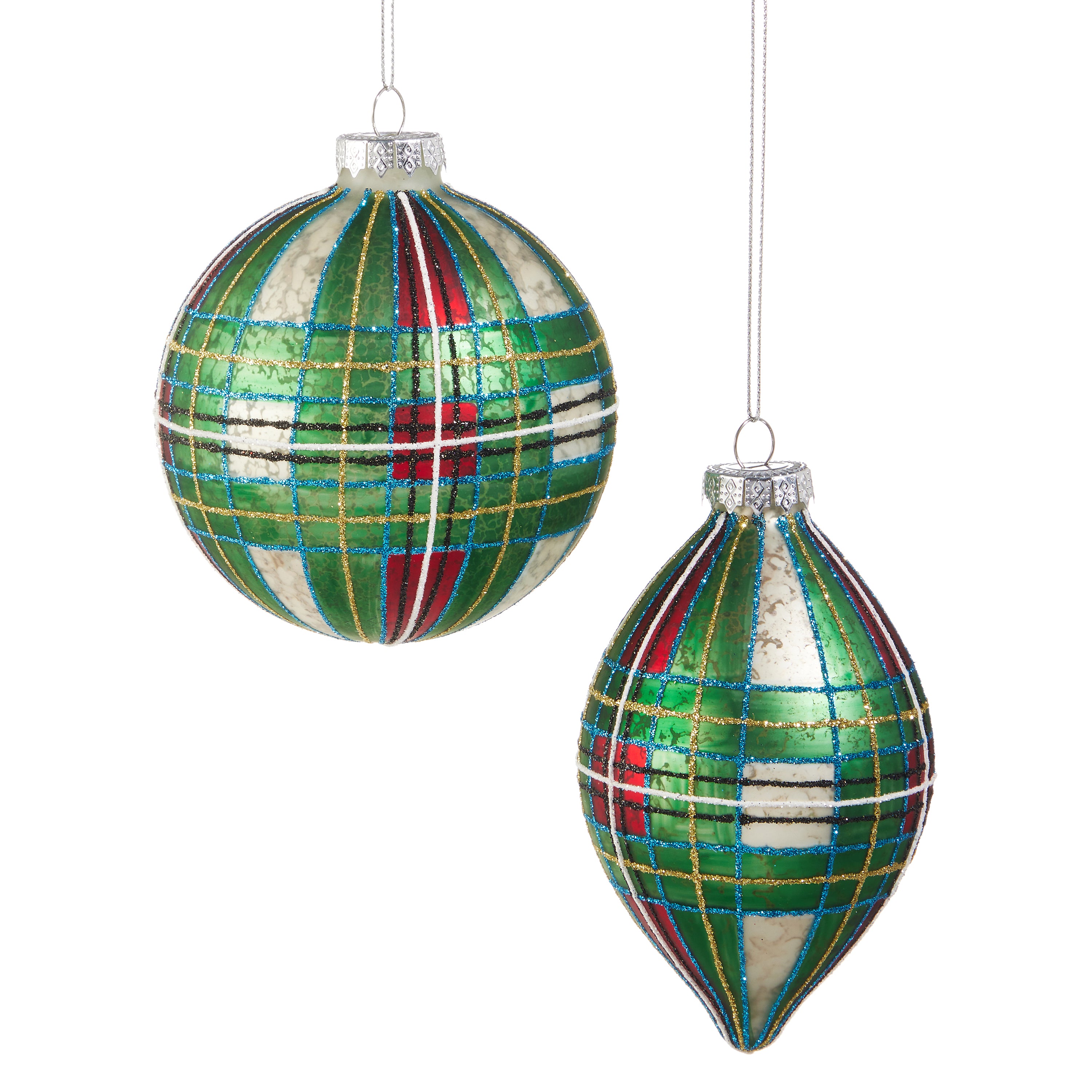 RAZ Imports 4" Green Tartan Plaid Ball and Finial Drop Christmas Ornaments - Set of 2