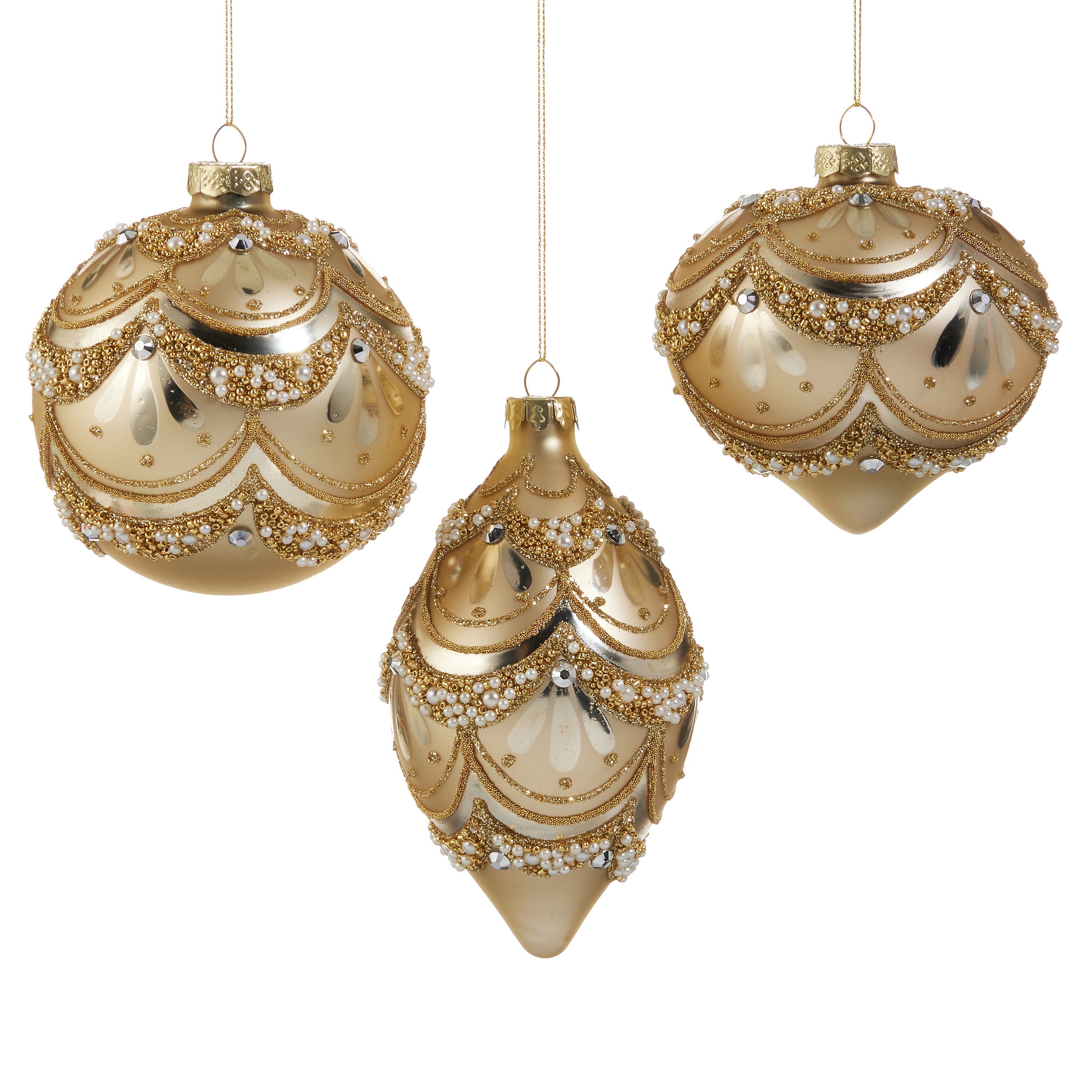 RAZ Imports 4" Golden Pearl Trimmed Glass Christmas Ornaments, Set of 3