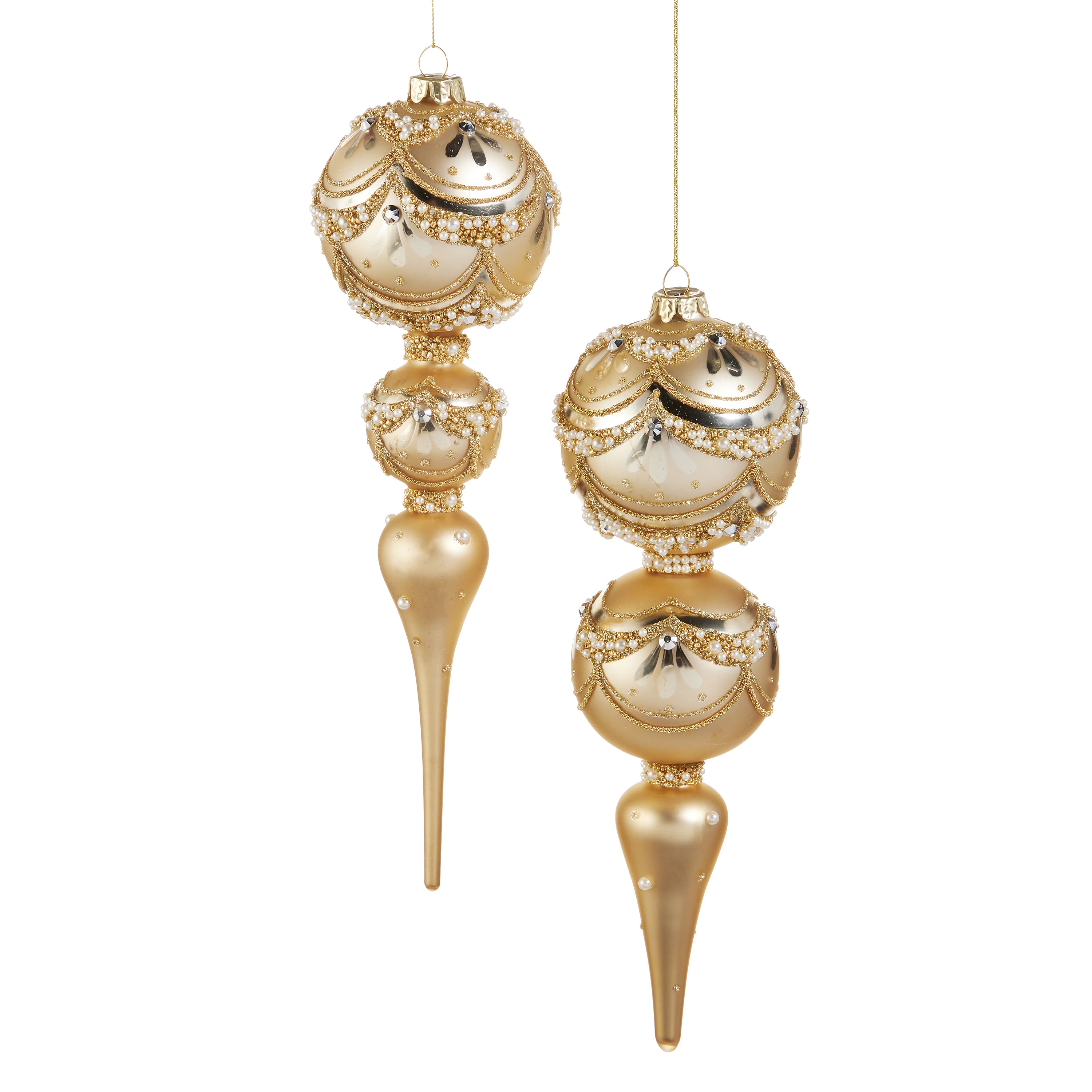 RAZ Imports 11" Golden Pearl Trimmed Finial Glass Christmas Ornaments, Set of 2