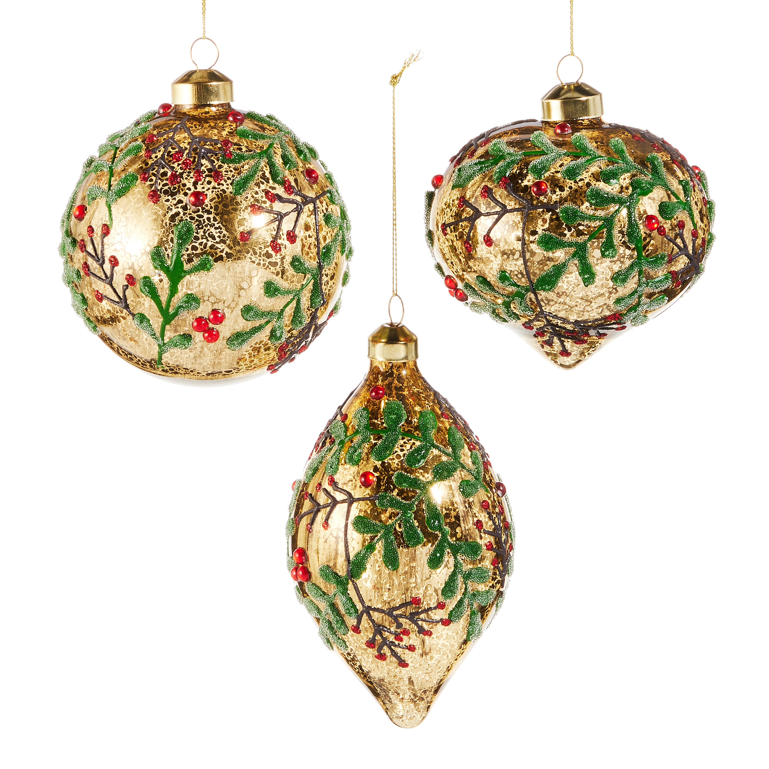 RAZ Imports 4" Holly Berry Jeweled Gold Mercury Glass Christmas Ornaments, Set of 3