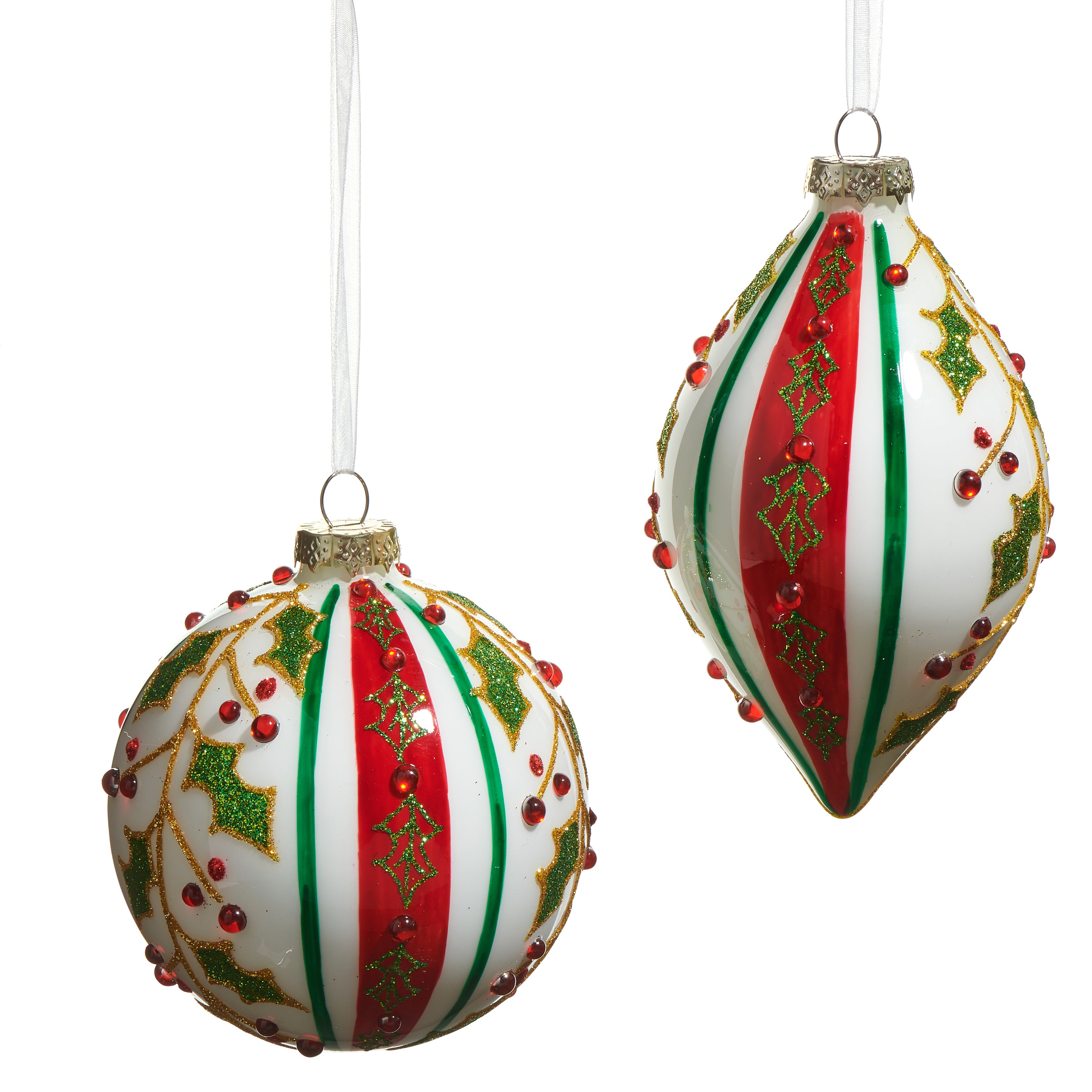 RAZ Imports 4" Red and Green Holly Striped Traditional Glass Ball and Finial Drop Christmas Ornaments, Set of 2