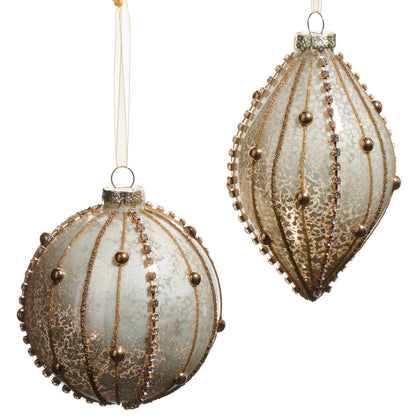 RAZ Imports 4" Beaded Rhinestone Gold Glass Ball and Finial Drop Christmas Ornaments, Set of 2