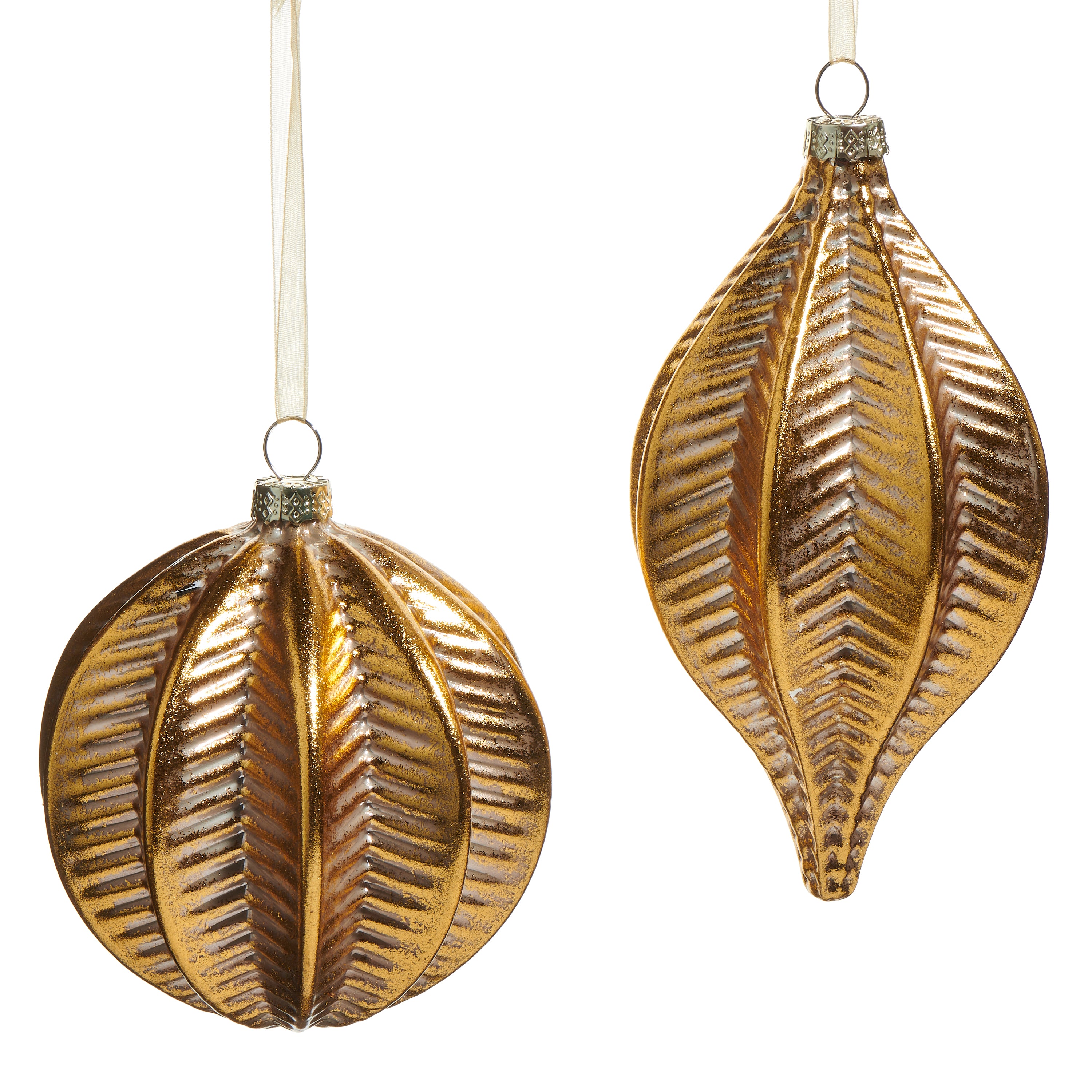 RAZ Imports 4" Royal Gold Spine Ball and Finial Drop Glass Christmas Ornaments, Set of 2