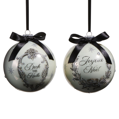 RAZ Imports 5" Deck the Halls Joyeux Noel French Holiday Glass Ball Christmas Ornaments with Bow, Set of 2