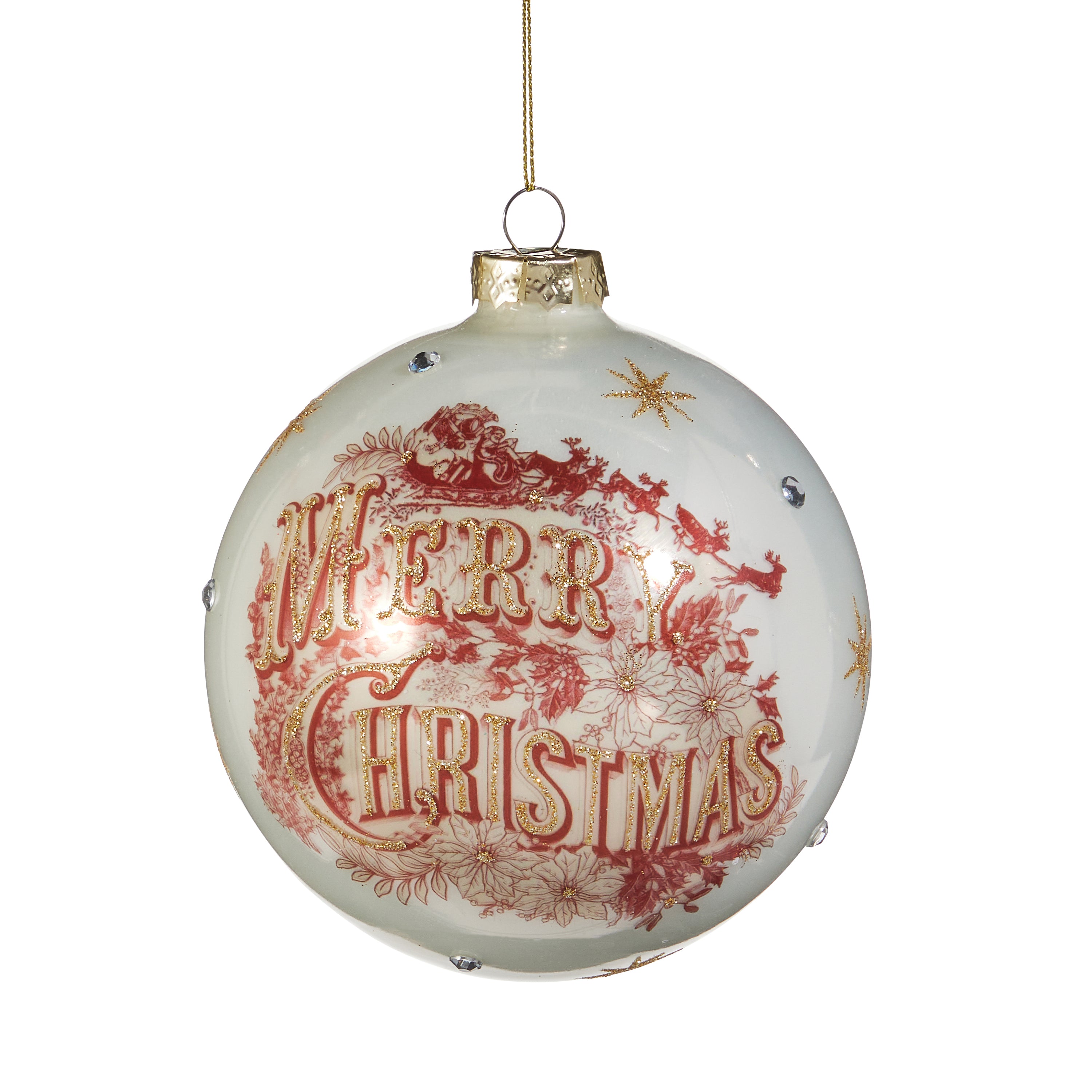 RAZ Imports 5" Vintage Merry Christmas Santa and Reindeer White Glass Ball Christmas Ornament