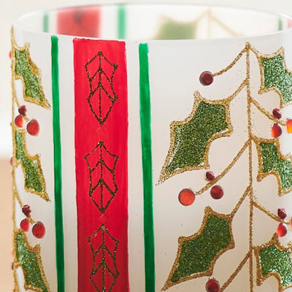 RAZ Imports 8" and 6" Red and Green Holly Berry Striped Traditional Glass Christmas Hurricanes, Set of 2