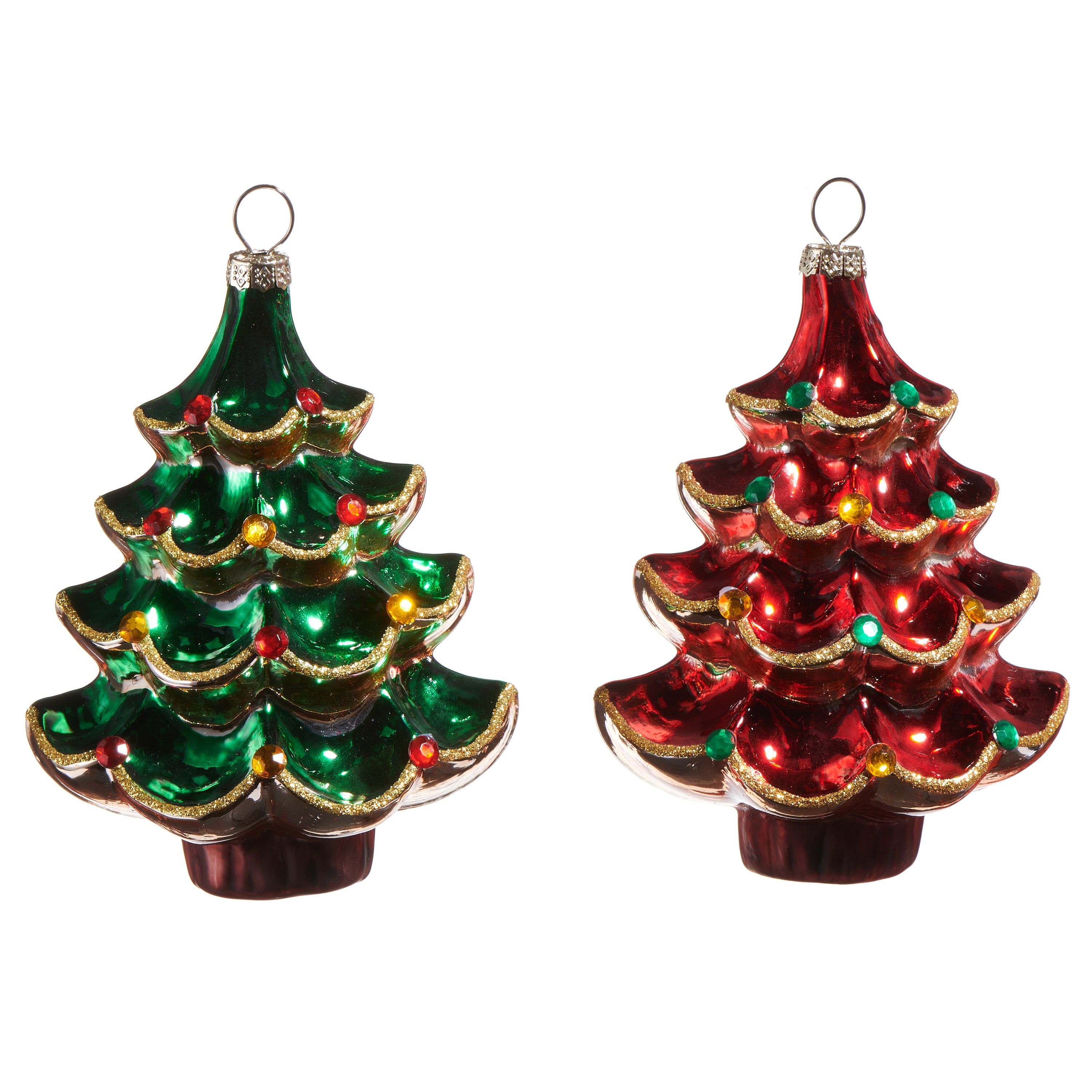 RAZ Imports 4.5" Red and Green Jewel Vintage Glass Christmas Tree Ornaments, Set of 2
