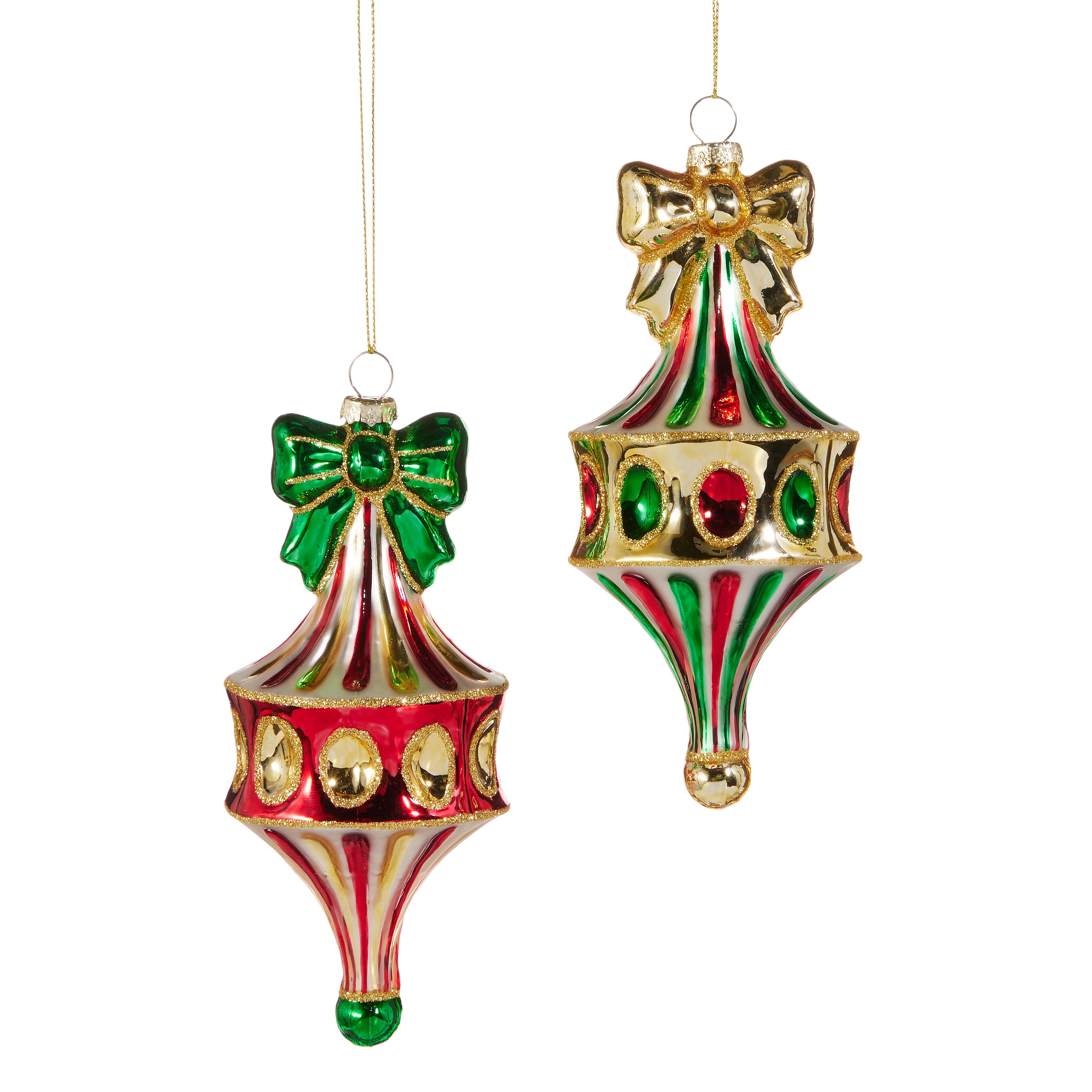 RAZ Imports 6" Red and Green Fairground Finial Glass Christmas Ornaments, Set of 2