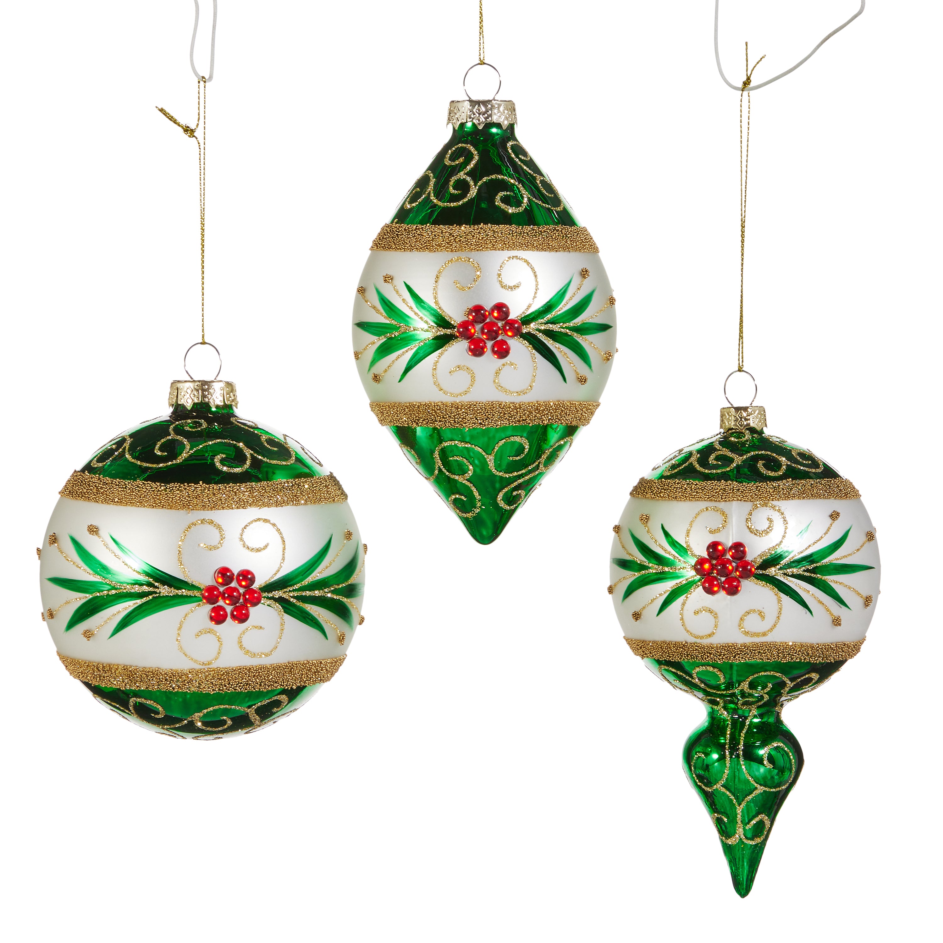 RAZ Imports 4" Green and White Mistletoe Berry Embellished Glass Christmas Ornaments, Set of 3