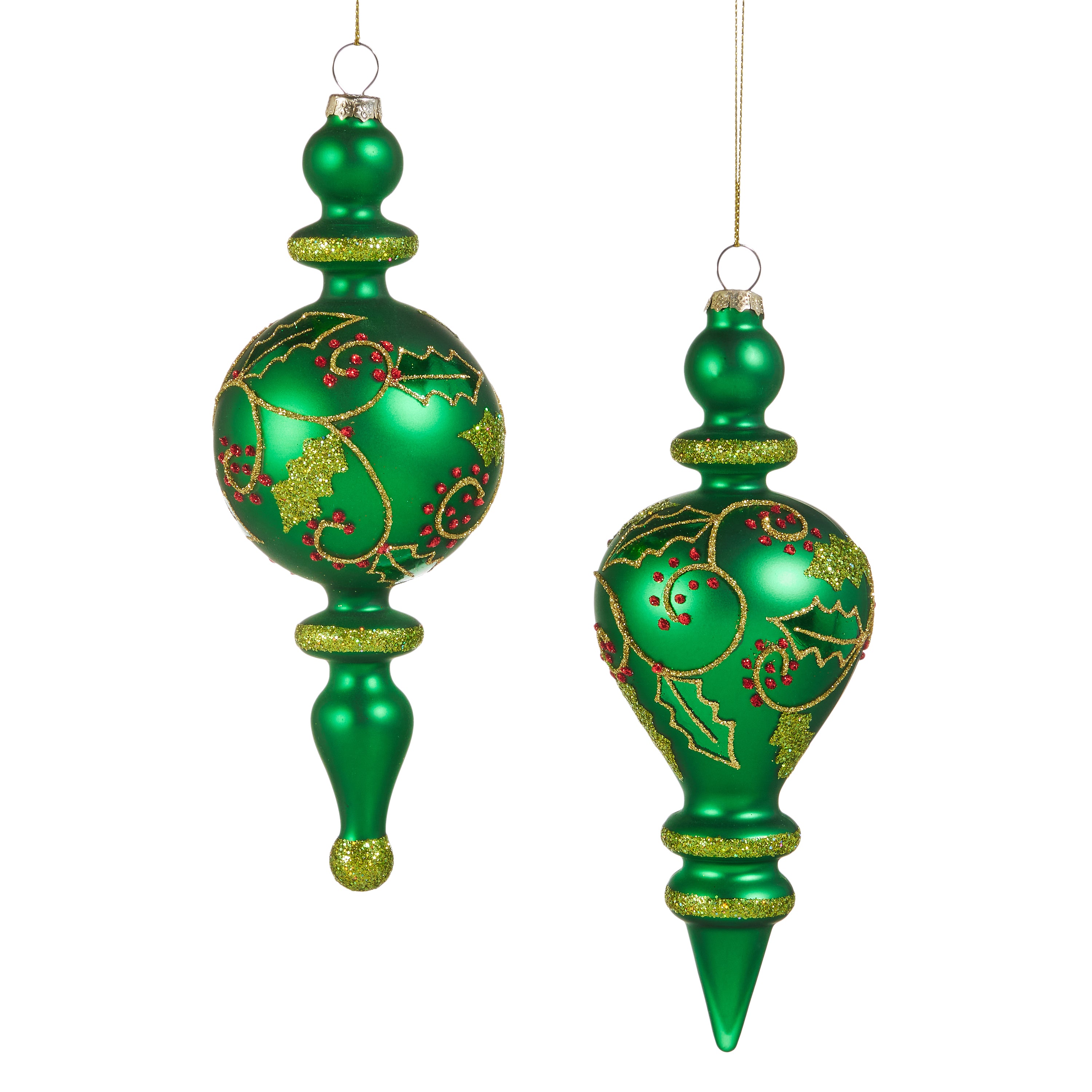 RAZ Imports 7.5" Green Holly and Berry Pattern Finial Glass Christmas Ornaments, Set of 2