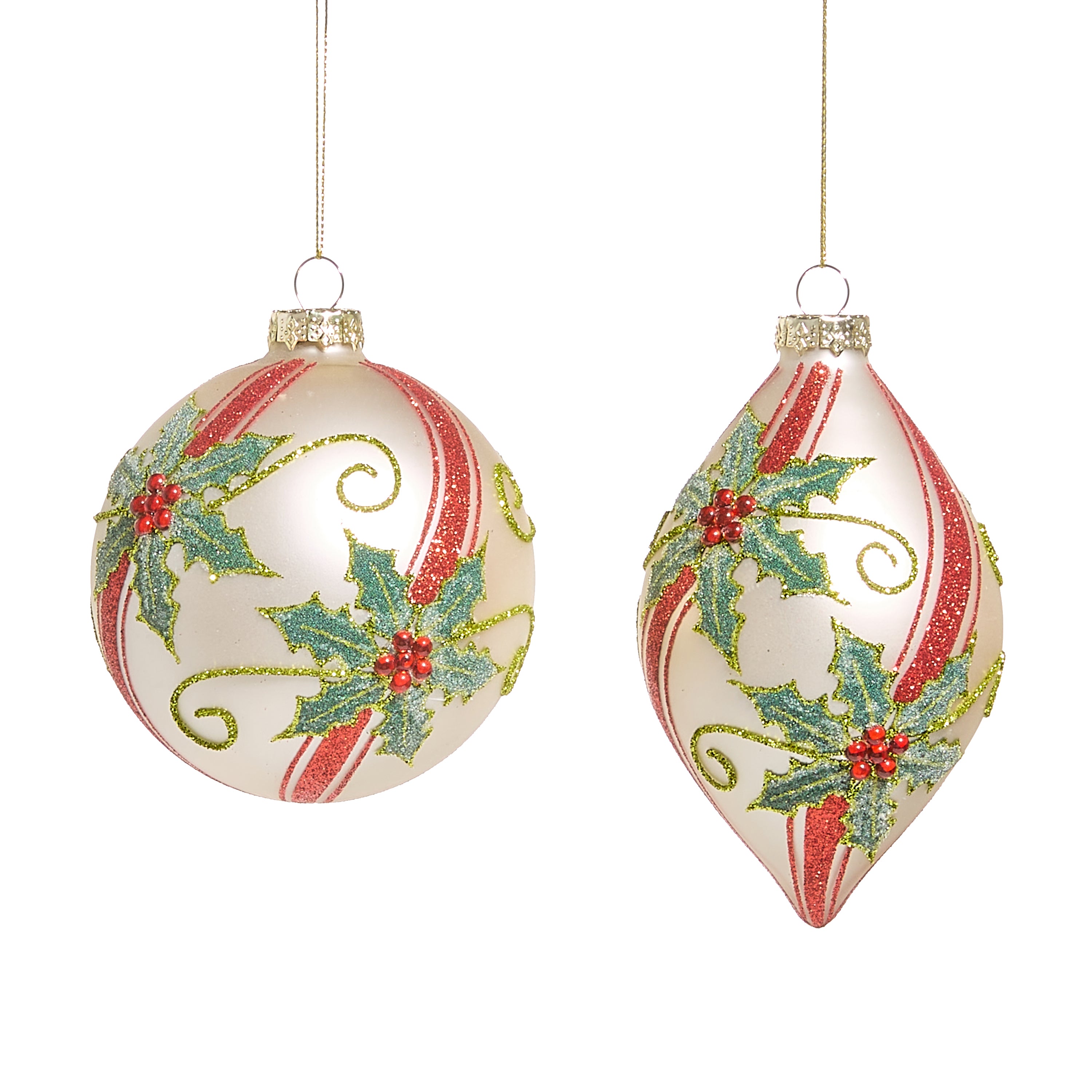 RAZ Imports 4" Red and Green Holly Peppermint Swirl Ball and Finial Drop Glass Christmas Ornaments, Set of 2