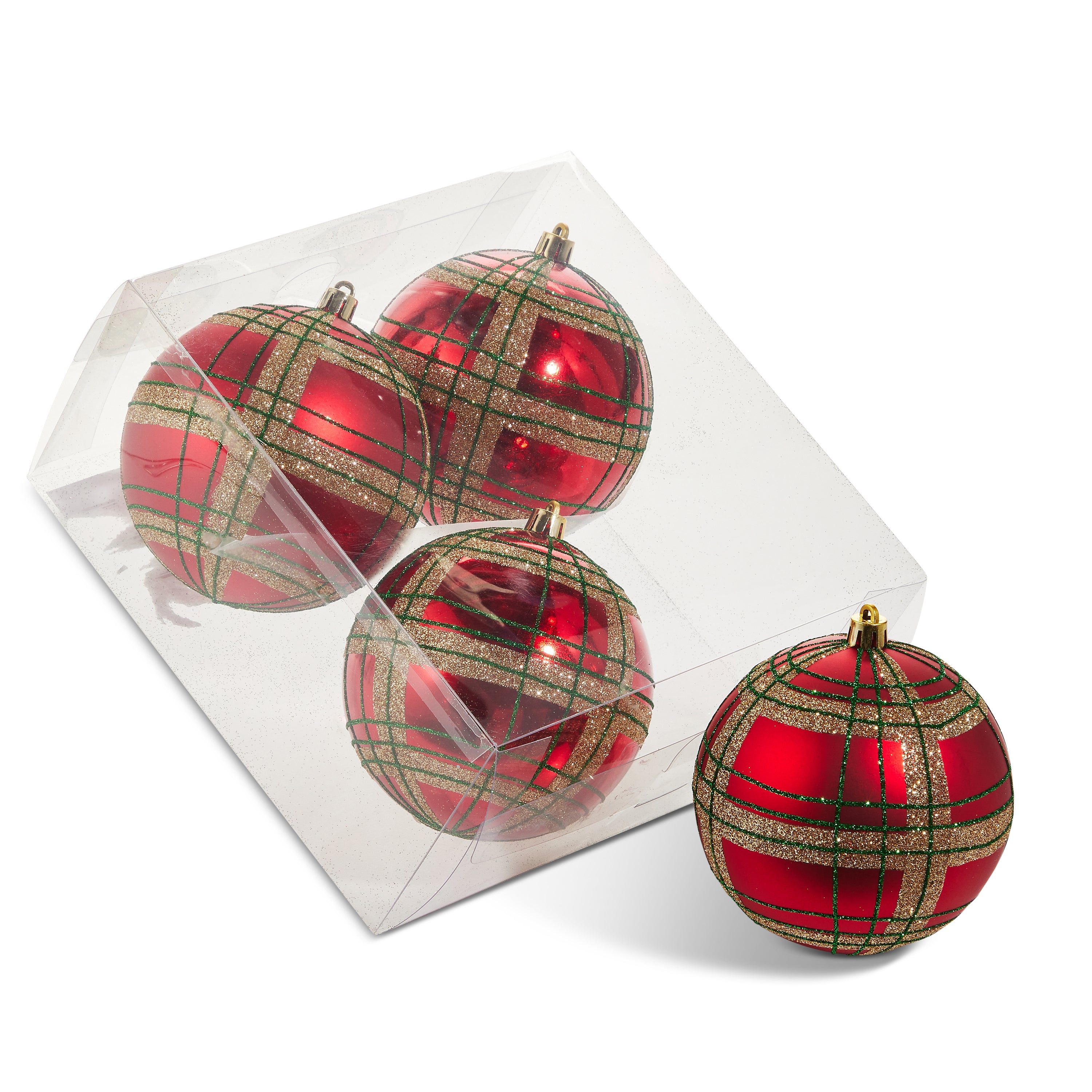 RAZ Imports 4" Red and Green Plaid Tartan Shatterproof Ball Christmas Ornaments, Set of 4