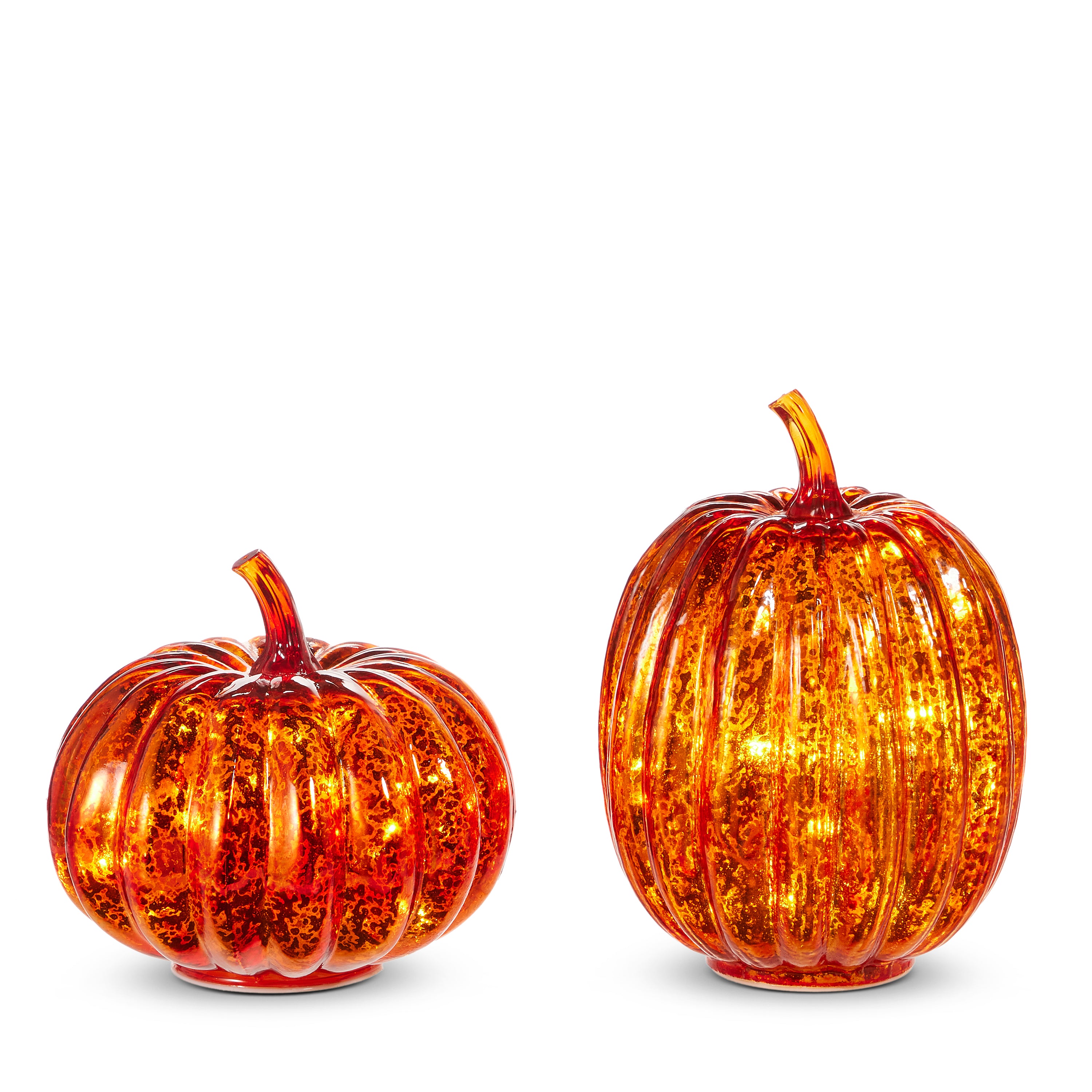 RAZ Imports 7.75" and 5.5" Orange Mercury Glass Pumpkins, LED Battery-Operated - Set of 2