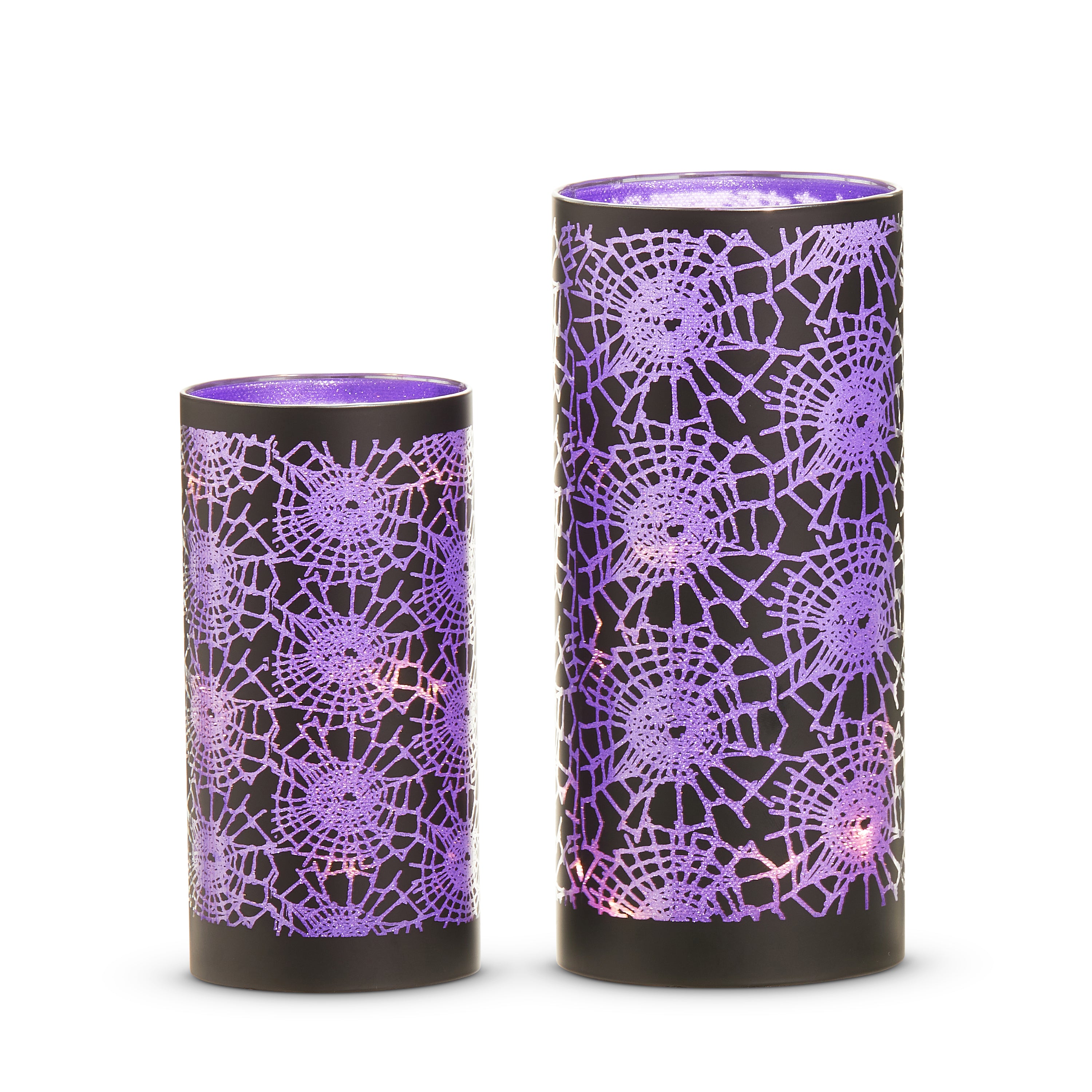 RAZ Imports 8" and 6" Halloween Celebration Crackled Spider Webs Hurricanes, Glass LED Lighted Lanterns for Halloween - Set of 2