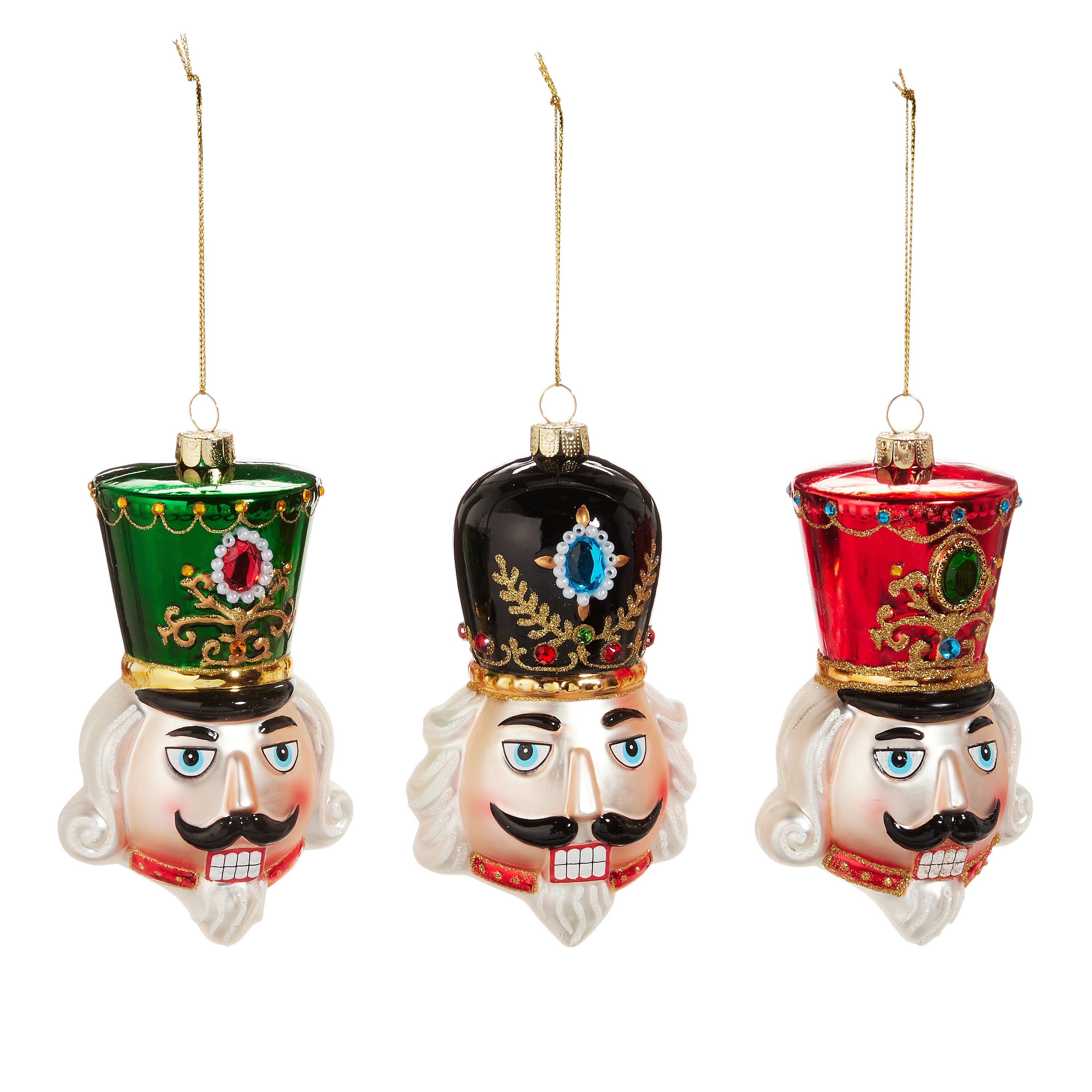 RAZ Imports 4.75" Traditional Nutcracker Head Bejeweled Glass Christmas Ornaments, Set of 3