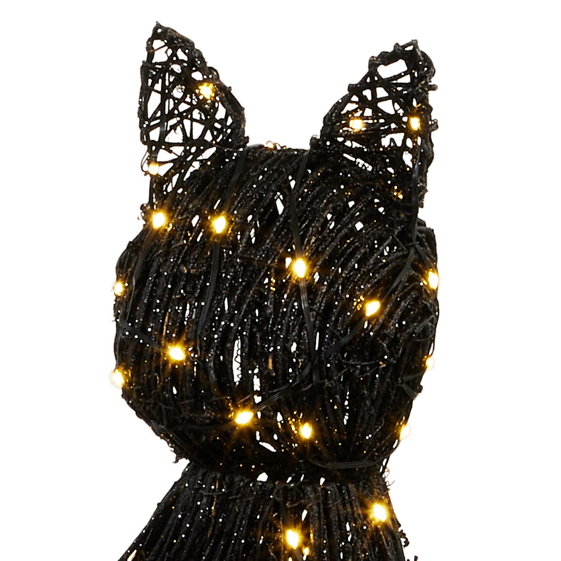 Decorative black cat-shaped light with string lights on a white background