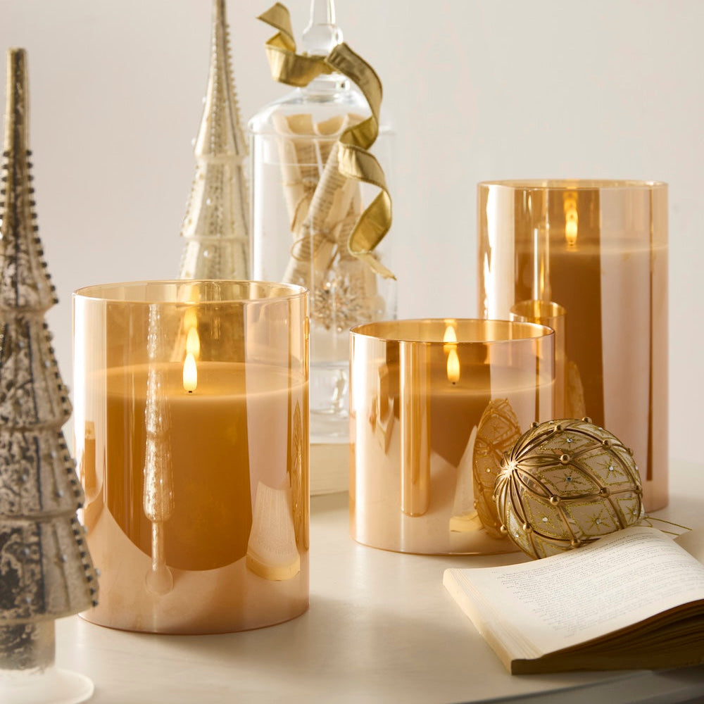 RAZ Imports Gold Ivory Glass LED Pillar Flameless Candles with 6 Hour Timer, Battery Operated