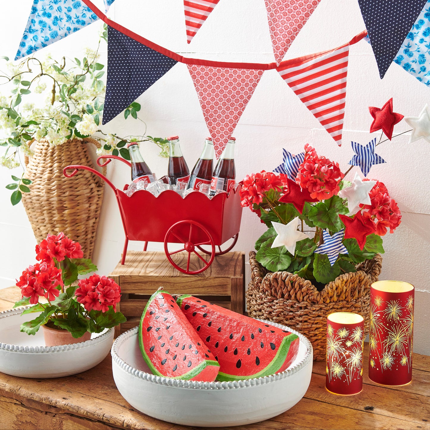 RAZ Imports 8" and 6" Patriotic Celebration Firework Hurricanes, Red Glass LED Lighted Lanterns for Fourth of July - Set of 2
