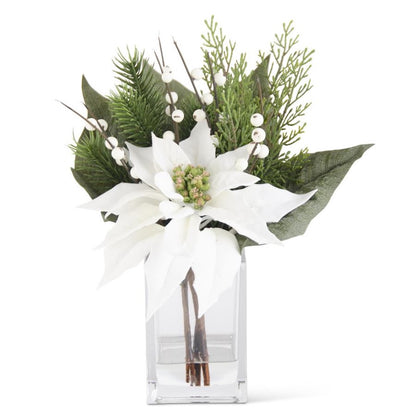 K&K Interiors 11" White Poinsettia & Pine Christmas Glass Floral Arrangement with Faux Water