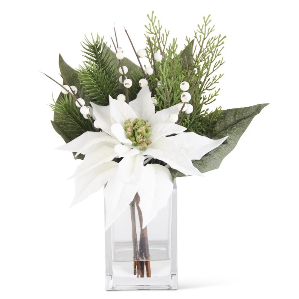 K&K Interiors White Poinsettia & Pine 11" Christmas Glass Floral Arrangement with Faux Water