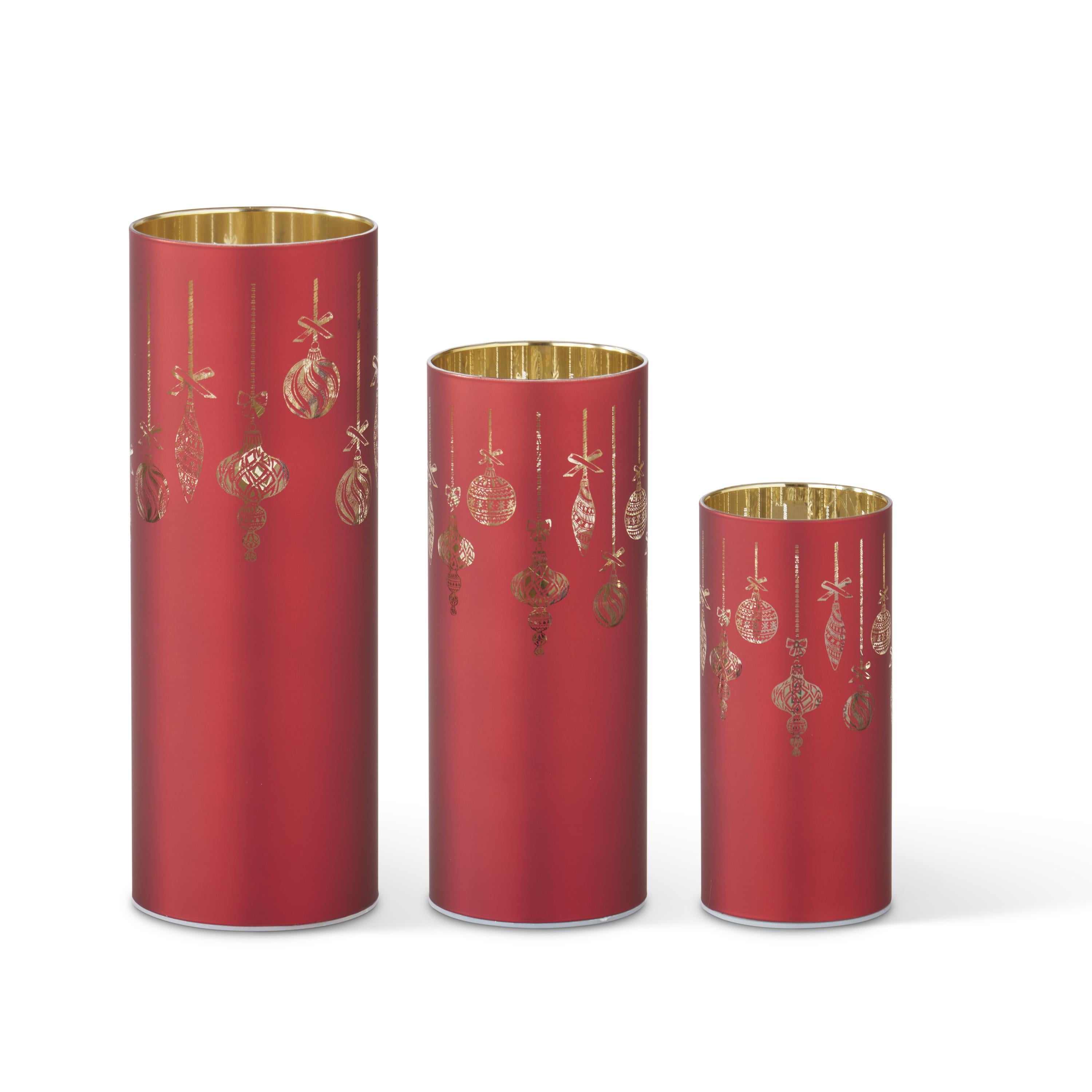K&K Interiors Festive Christmas Ornament 10" Red Glass LED Lighted Hurricane Lanterns, Battery Powered with Timers, Set of 3