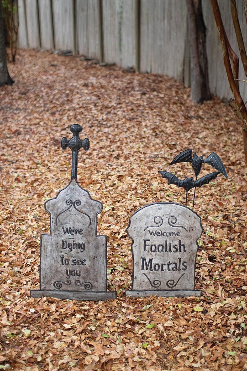 Foolish Mortals Mansion 39" Hammered Metal Yard Stake Halloween Tombstones - Set of 2