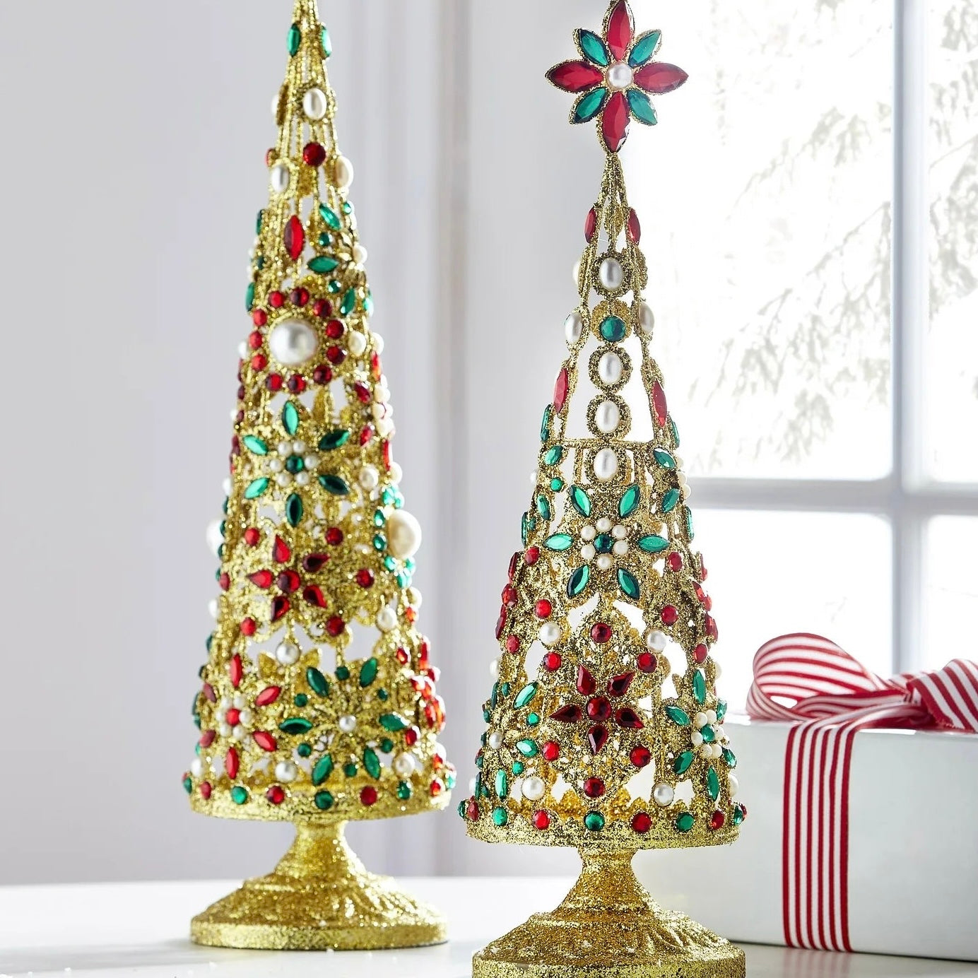 RAZ Imports 19" and 16" Pearl Jeweled Christmas Trees with Gold Glitter - Set of 2