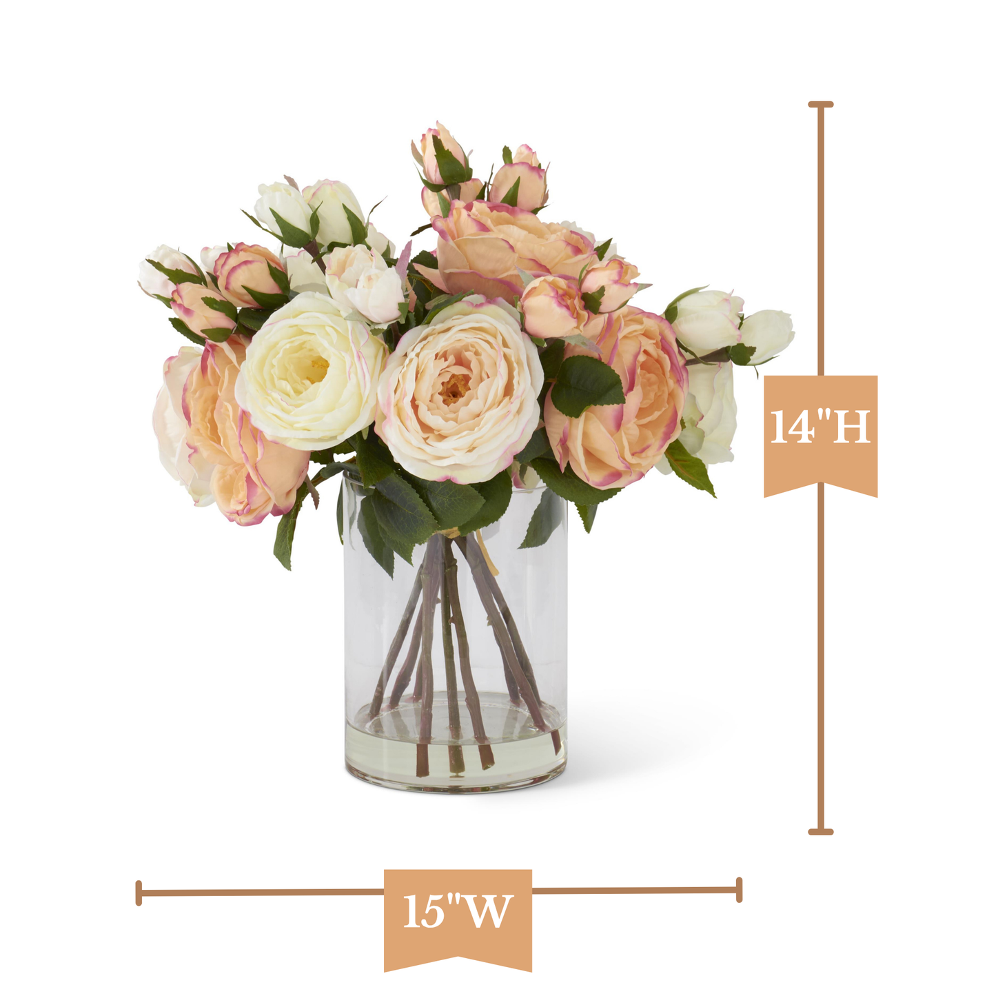 K&K Interiors Pink & White Austin Rose 14" Glass Floral Arrangement with Faux Water