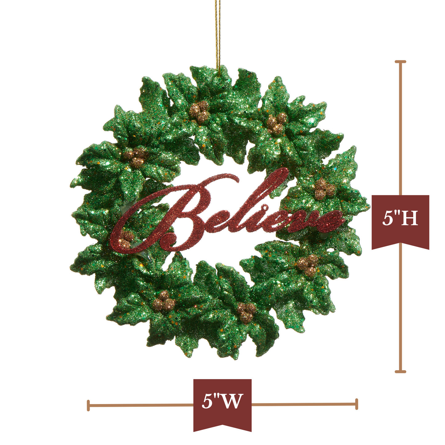 RAZ Imports 5" Believe Holly Berry Green Wreath Glittered Christmas Ornament