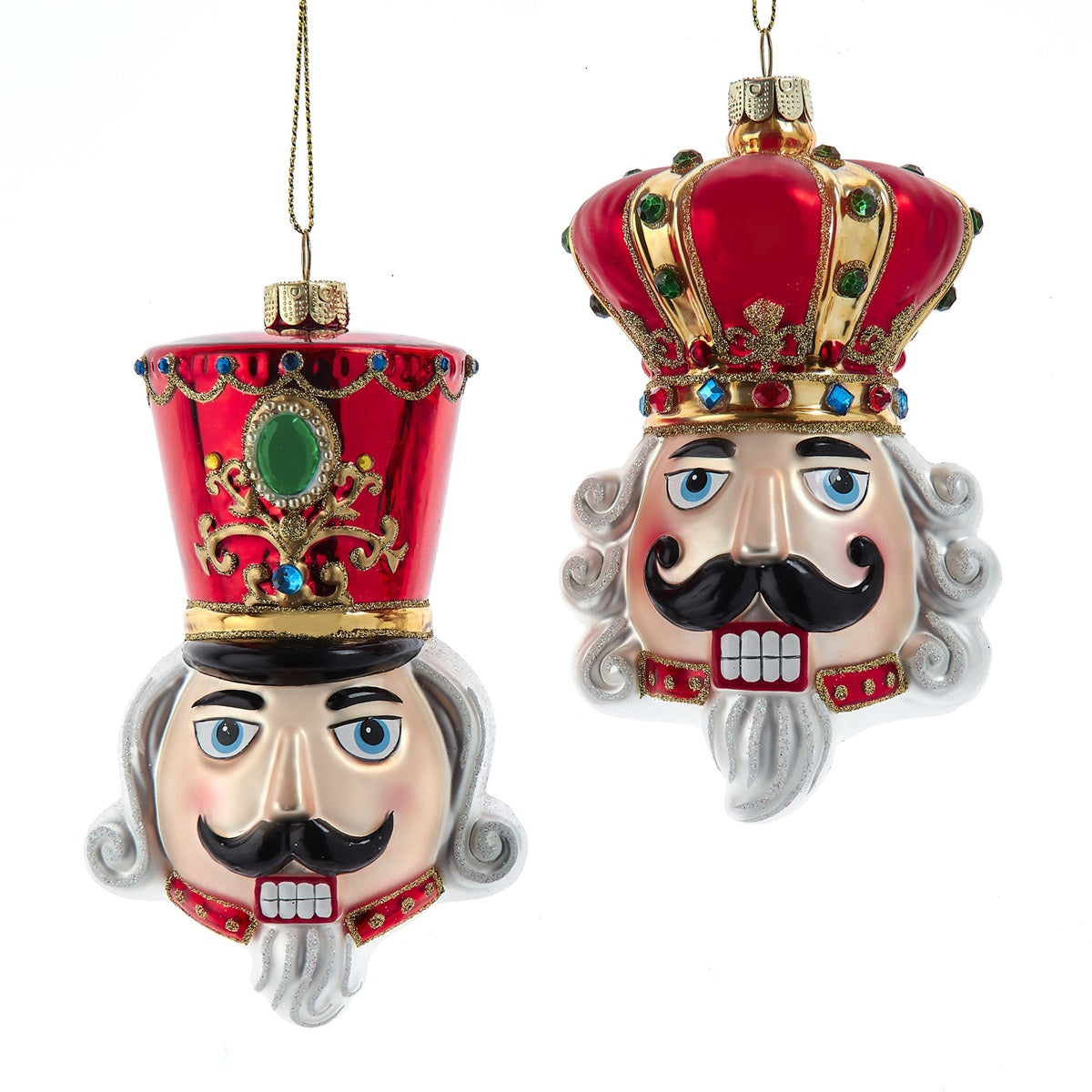 Kurt S. Adler Glass Traditional Nutcracker & King Head 4.5" Collectible Christmas Ornaments, Set of 2