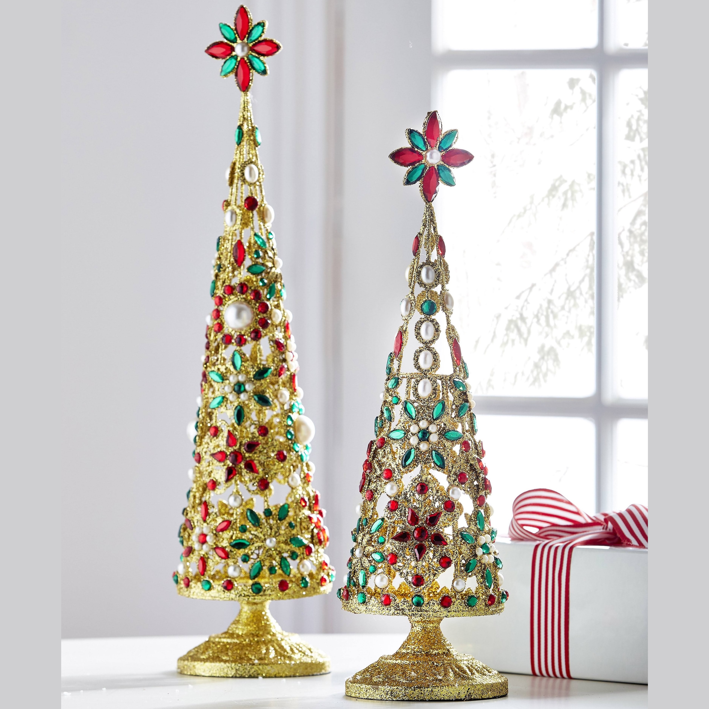 RAZ Imports 19" and 16" Pearl Jeweled Christmas Trees with Gold Glitter Christmas Decoration - Set of 2
