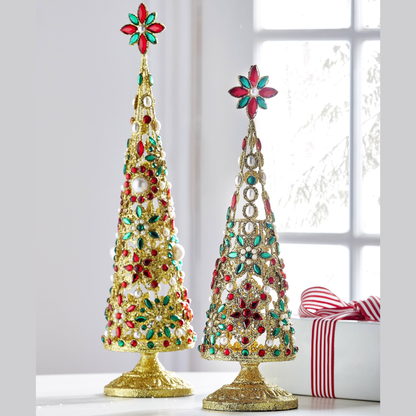 RAZ Imports 19" and 16" Pearl Jeweled Christmas Trees with Gold Glitter Christmas Decoration - Set of 2
