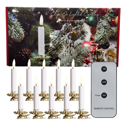 Set of clip-on lighted candles with remote control and packaging featuring Christmas decorations.