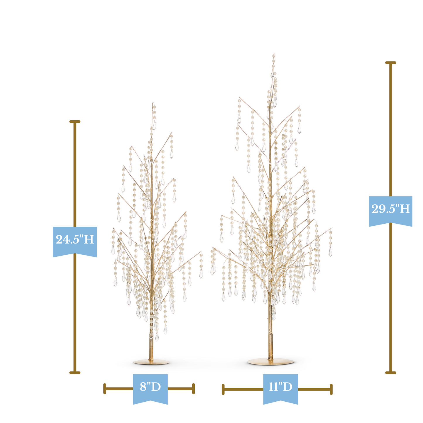 RAZ Imports 29.5" and 24.5" Dripping Pearl Crystal Gold Trees Christmas Decoration - Set of 2