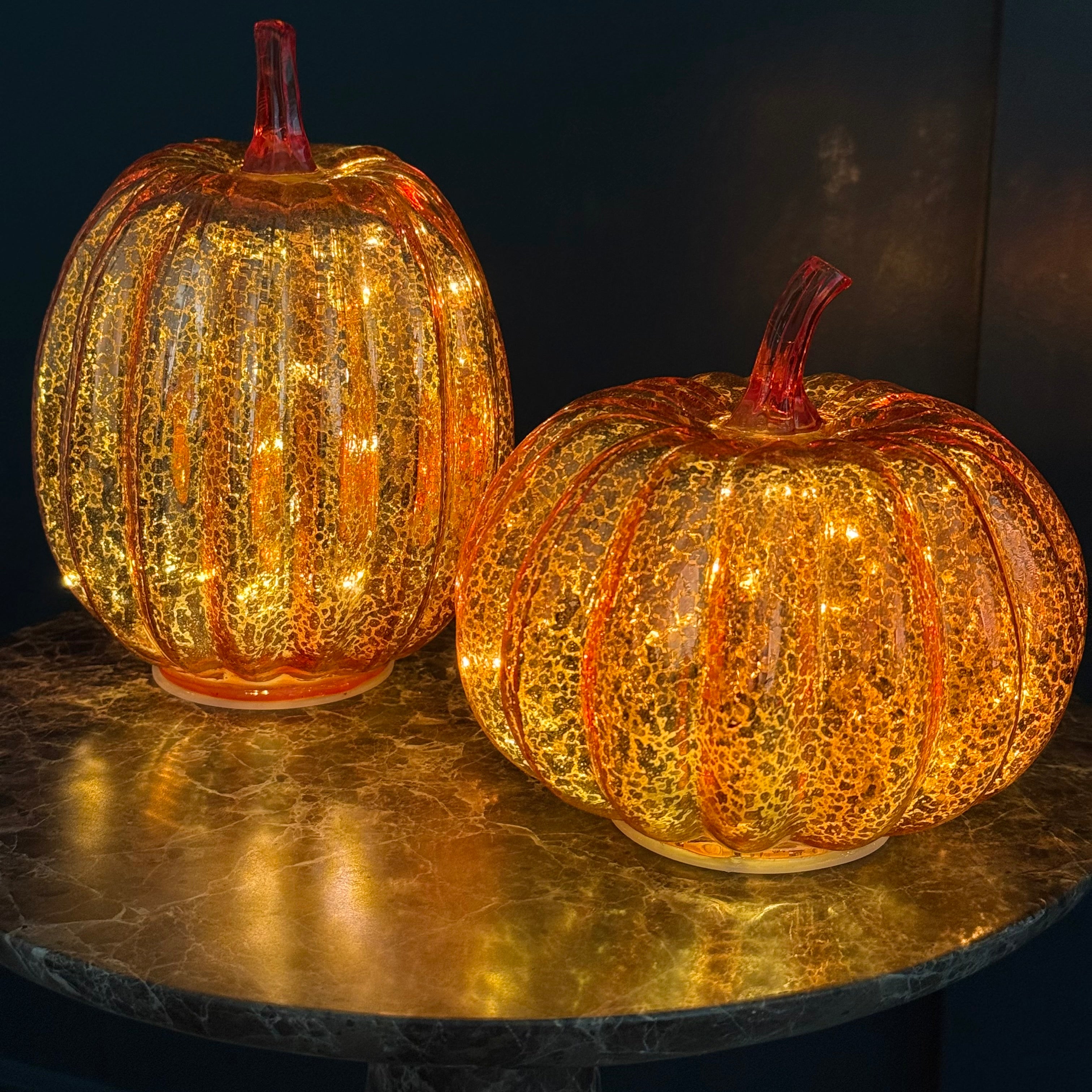 RAZ Imports 7.75" and 5.5" Orange Mercury Glass Pumpkins, LED Battery-Operated - Set of 2