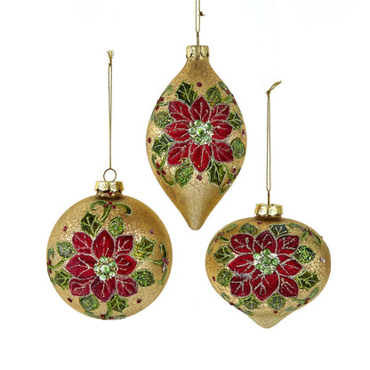 Kurt S. Adler Gold Mercury Glass 4" Poinsettia Flower Christmas Ornament Set, Set of 3