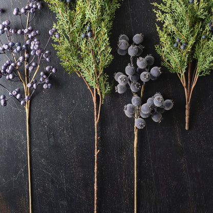Decorative elements with green branches and purple berries on a dark surface