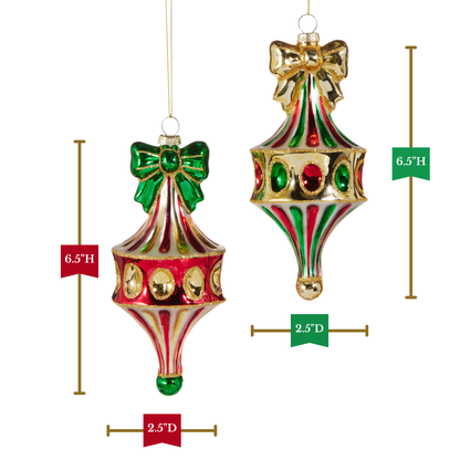 RAZ Imports 6" Red and Green Fairground with Bow Finial Glass Christmas Ornaments - Set of 2